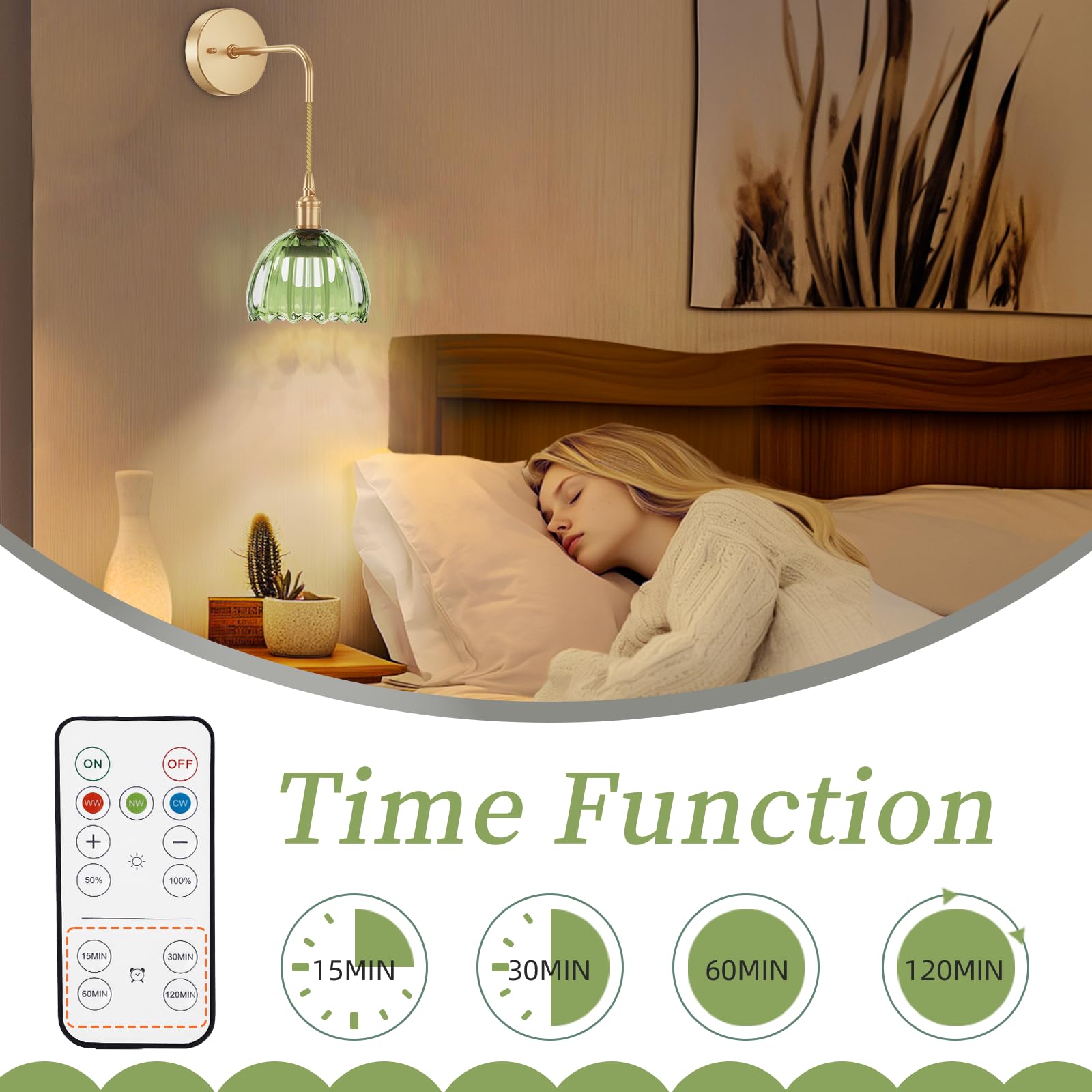 Kavedod Battery Operated Wall Sconces Cct Dimmable Wireless Sconces Set Of 2, Vintage Light Fixture With Green Tulip Glass Lamps