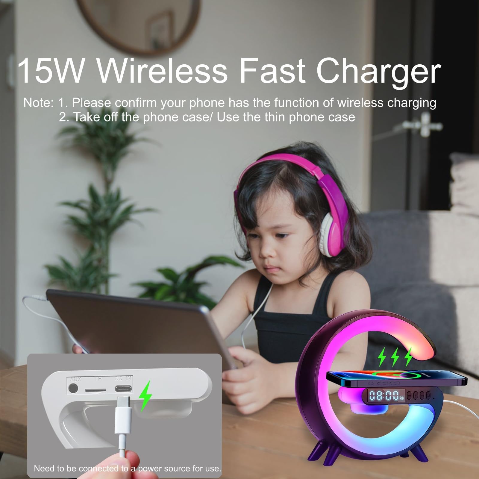 Treligate Led Table Lamp With Wireless Charger, Mini G Atmosphere Lamp With Bluetooth Speaker, Night Light Lamp Sunrise Alarm Cl