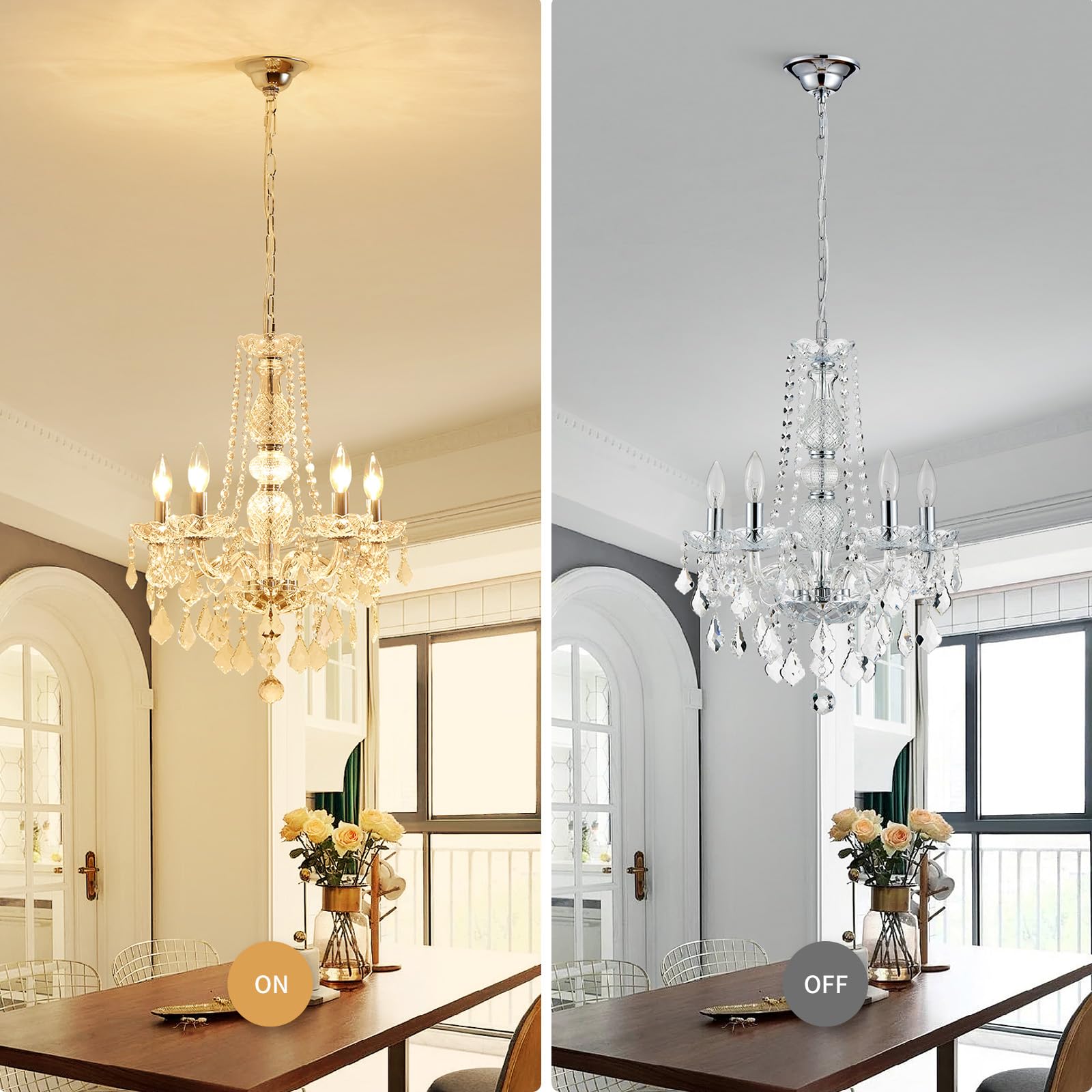 Wuzups 5-Light Crystal Candle Chandelier Pendant Ceiling Light Modern Lighting Fixture For Bedroom Hallway Bar Kitchen Bathroom  H 25 W 20  E12 Base  Chrome