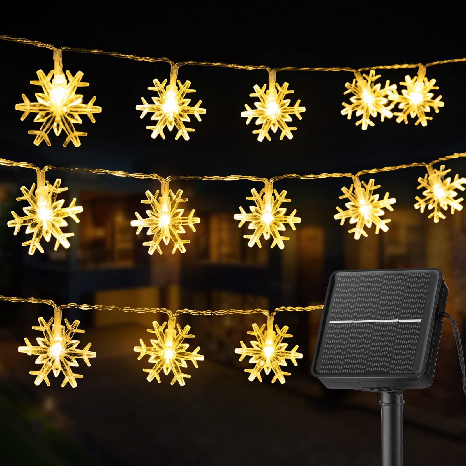 Brightown Solar Christmas Snowflake String Lights 100 LED 39 FT Waterproof Warm White Fairy Lights for Outdoor Use