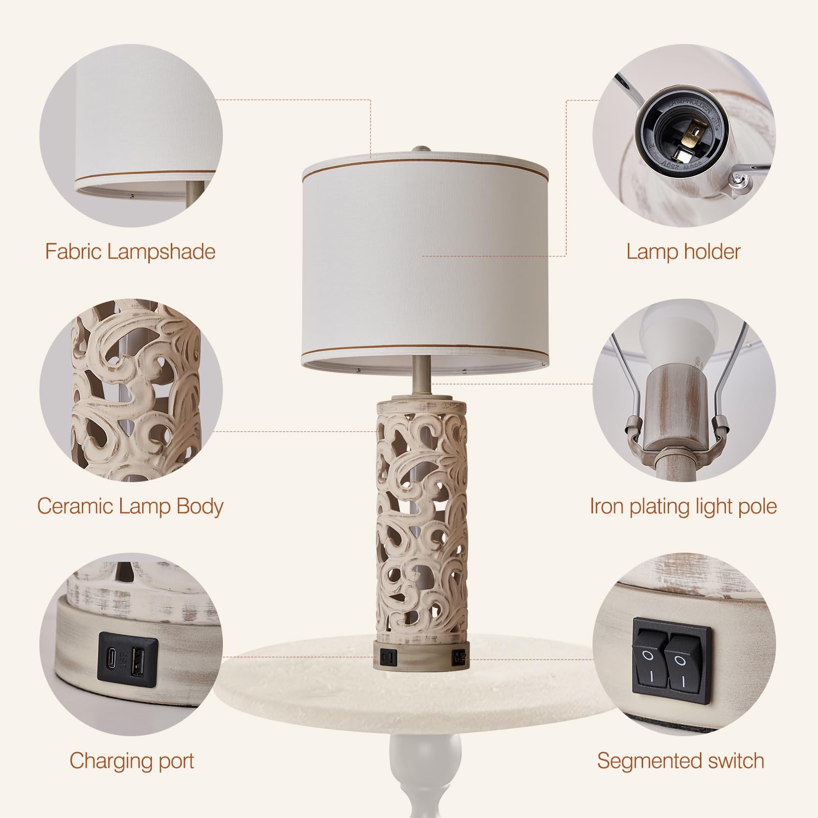 Aidenoey 28&quot; Farmhouse Table Lamps Set Of 2 With Usb Ports & Night Light, White Ceramic