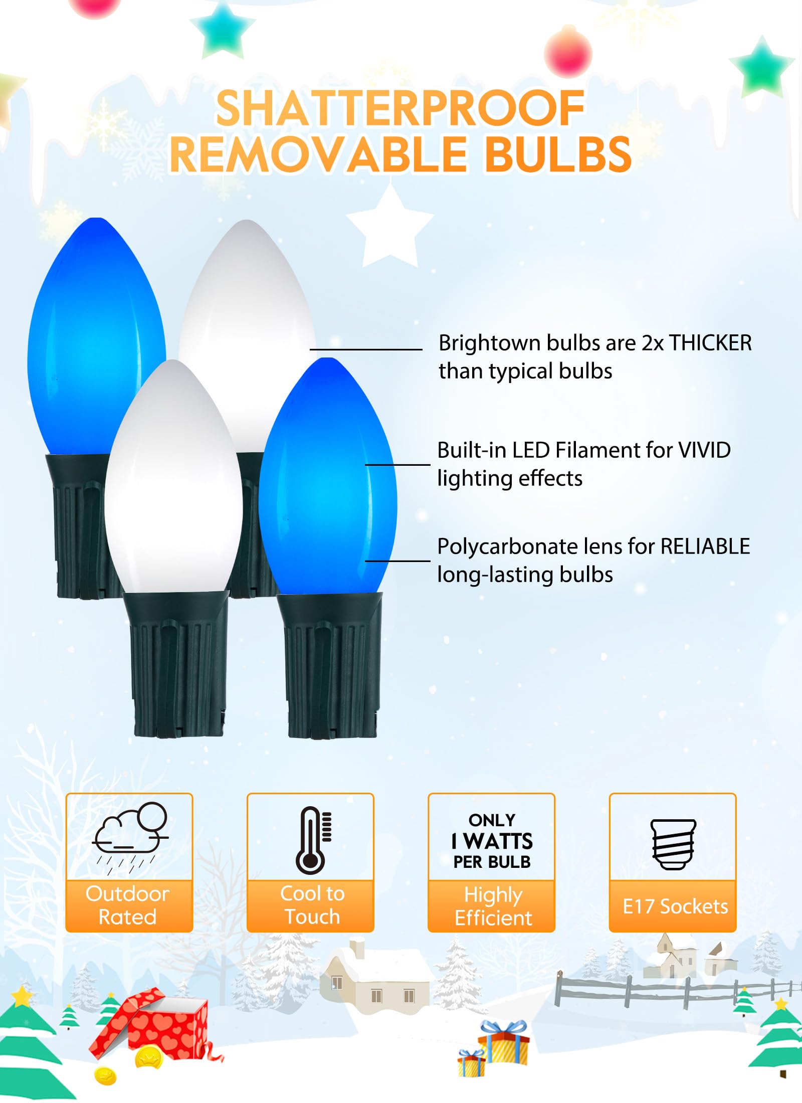 Vintage C9 Led Christmas Lights Outdoor  100 Feet C9 String Lights With 50 Shatterproof C9 Bulbs  Waterproof Connectable Christmas Tree Lights For Outside Roofline Patio Xmas Decor  Blue & Pure White