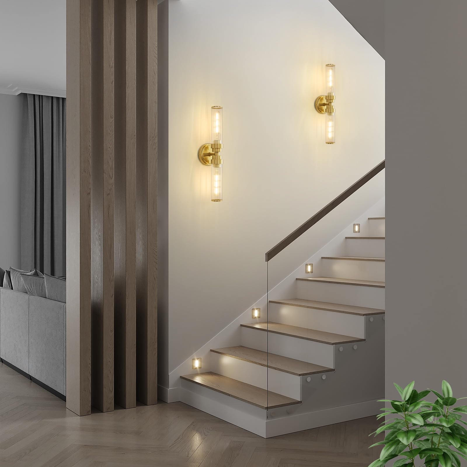 Vaziden Gold Wall Sconce Vanity Lights 2 Pack, Modern Threaded Glass, Up and Down Lighting for Bathroom and Living Room