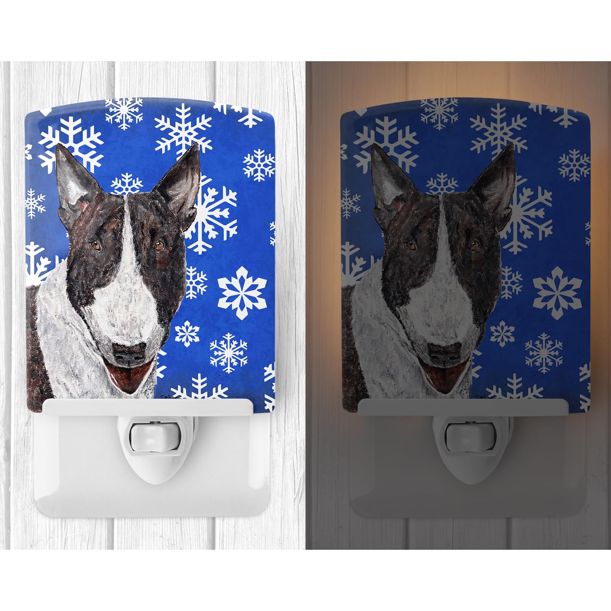 Caroline'S Treasures Sc9603Cnl Bull Terrier Winter Snowflakes Ceramic Night Light Compact, Ul-Certified, Ideal For Bedroom, Bathroom, Nursery, Hallway, Kitchen, 6X4X3, Multicolor