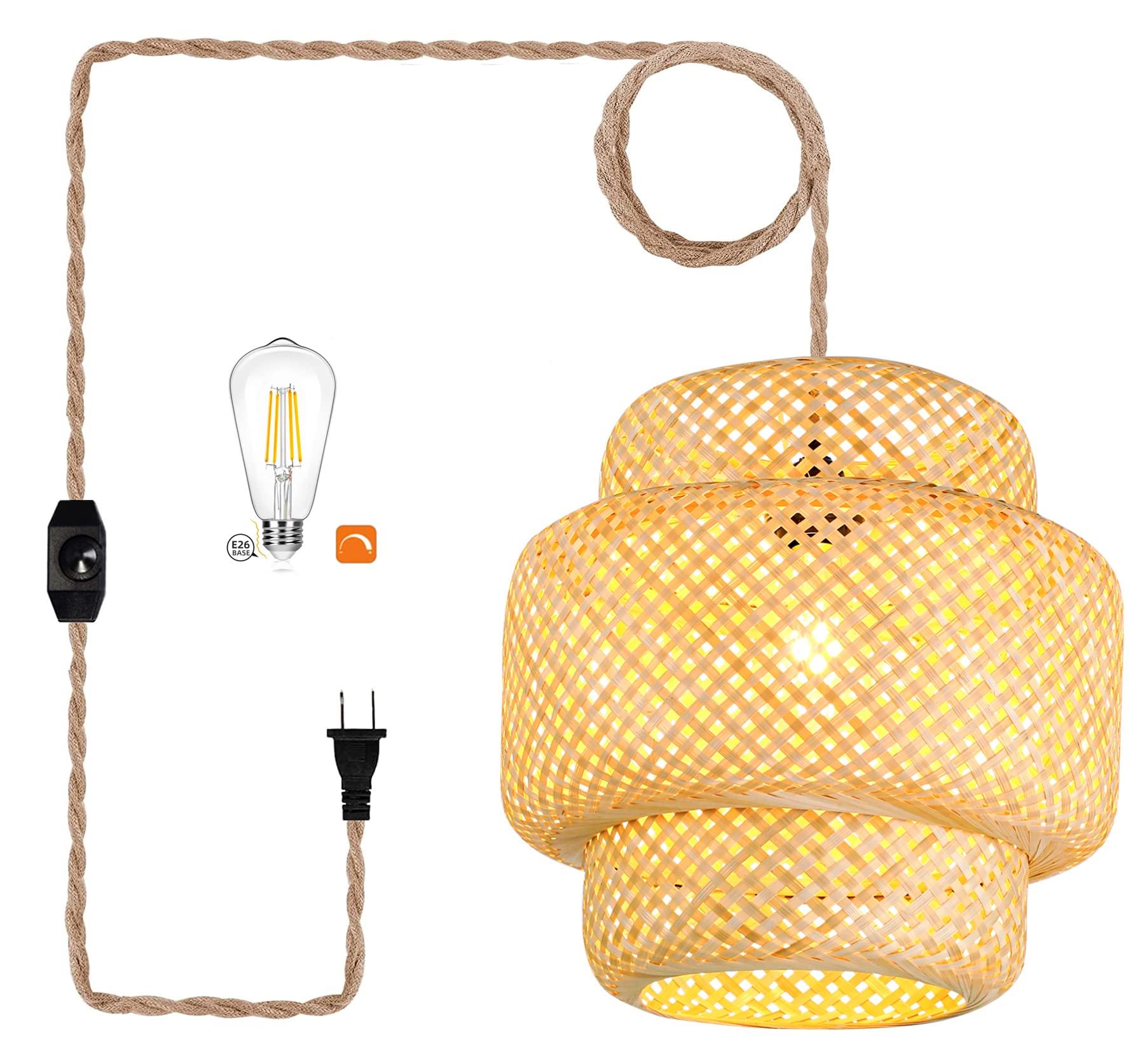 QIYIZM Plug in Pendant Light Bamboo Woven Shade Dimmable Hanging Lamp for Living Room Bedroom Kitchen, Size: Pendant Light-2