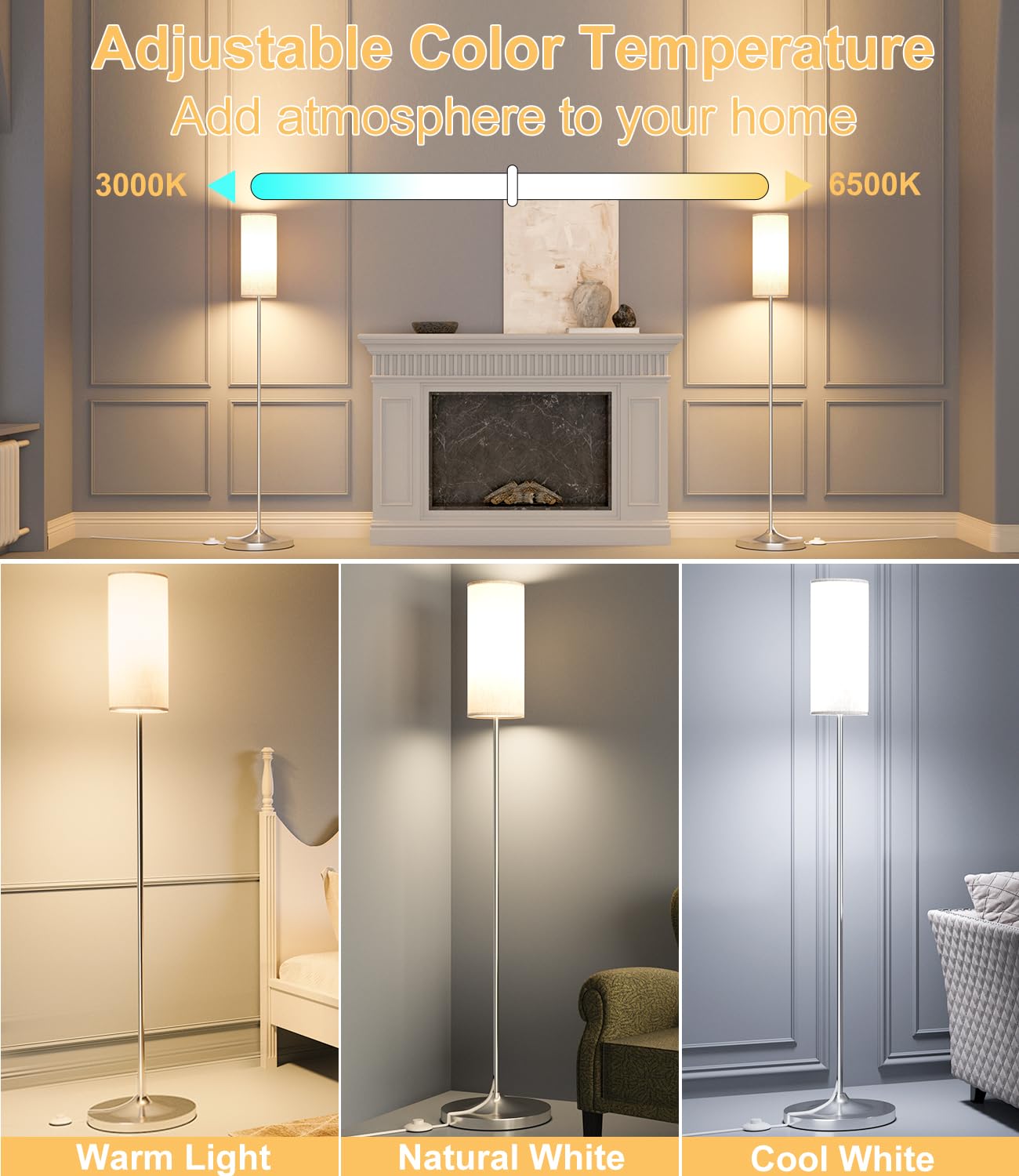 Luckystyle Led Floor Lamp For Living Room, Dimmable Standing Lamps With Foot Switch,Remote Custom Color Temperature Silver Pole