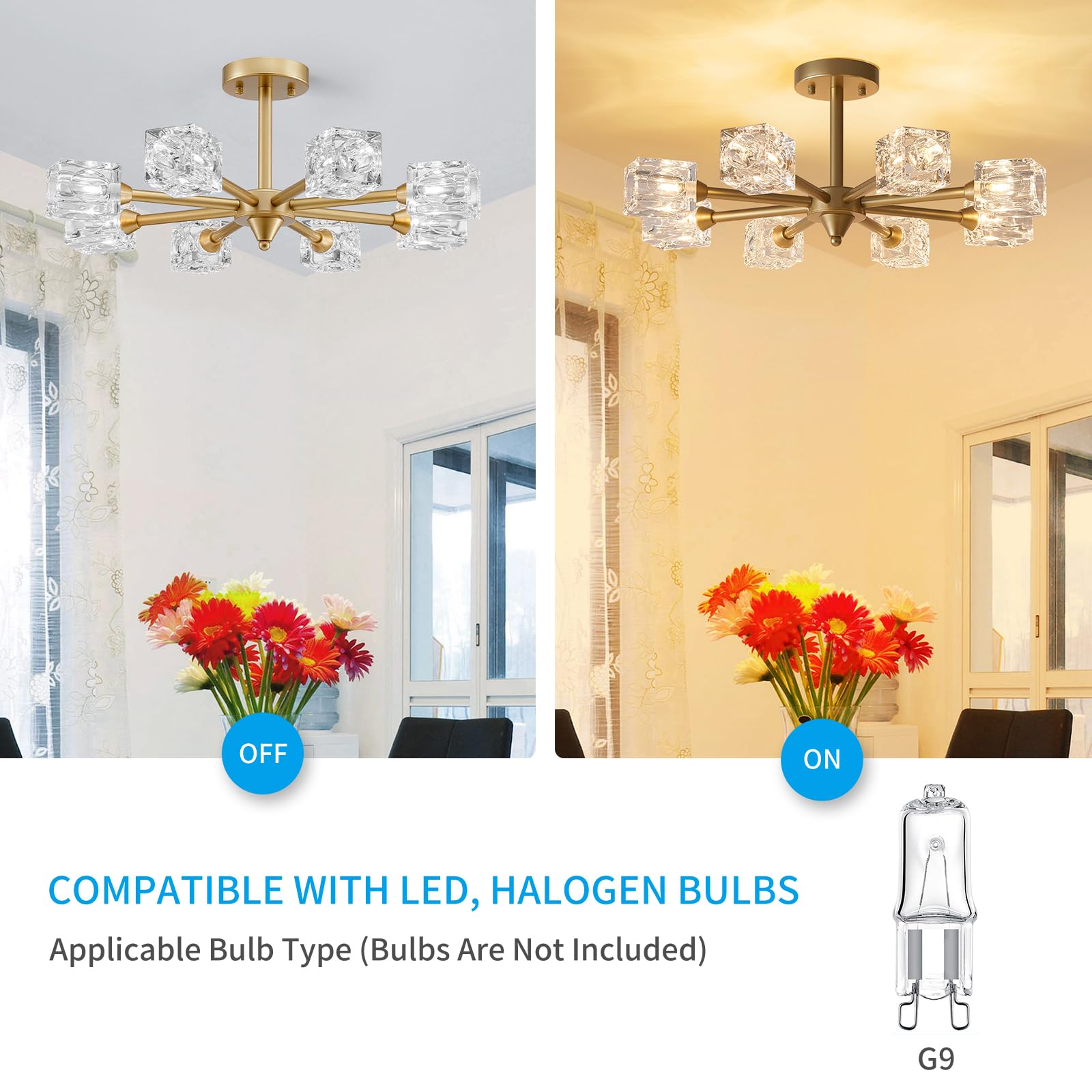 Xingqi 8-Light Semi Flush Mount Ceiling Light Fixture Modern Antique Gold Sputnik Chandeliers Fashion Lighting For Bedroom Dinin