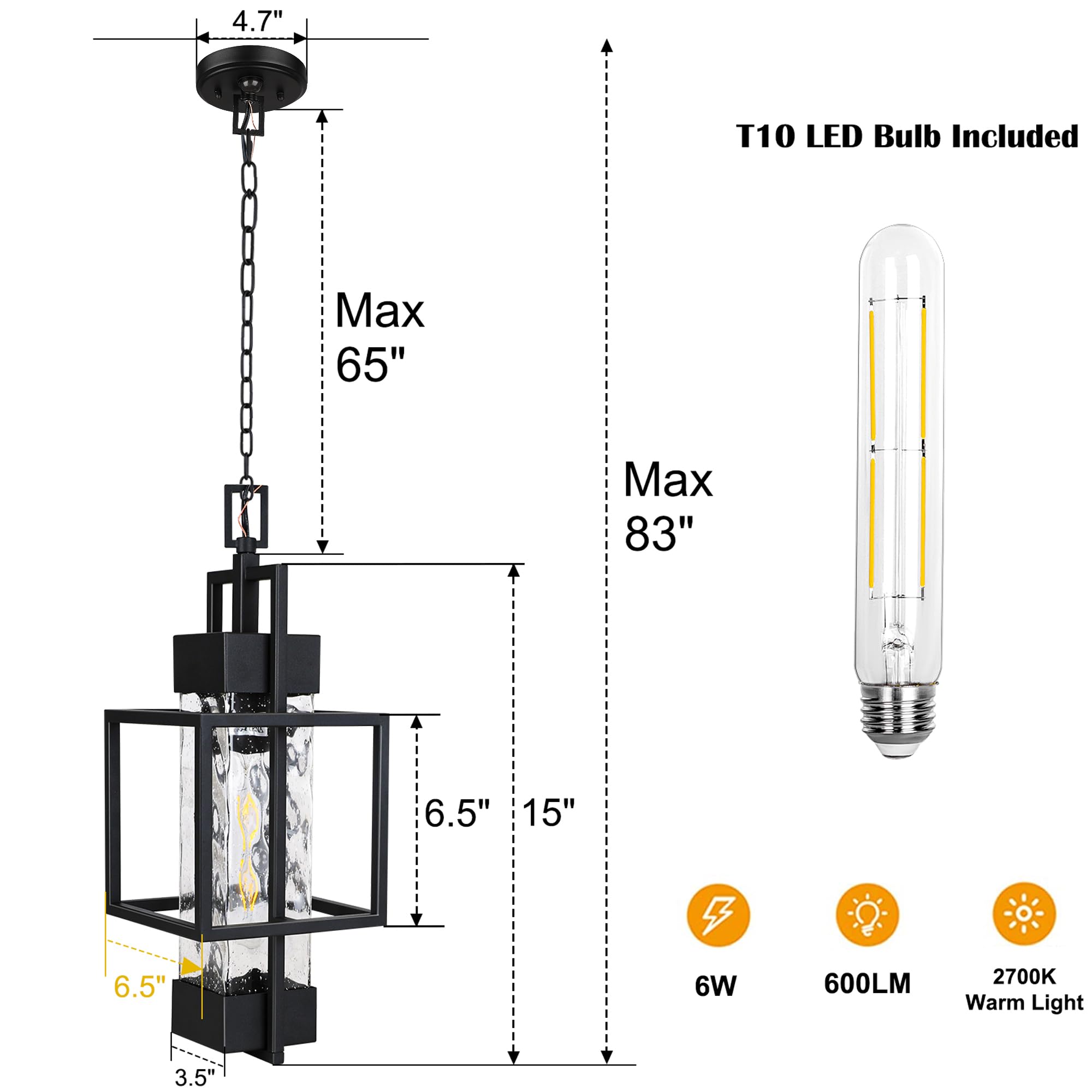 Partphoner Motion Sensor 15'' Outdoor Pendant Light Exterior Hanging Lantern, Modern Black Metal Outside Chandelier Light Fixtur