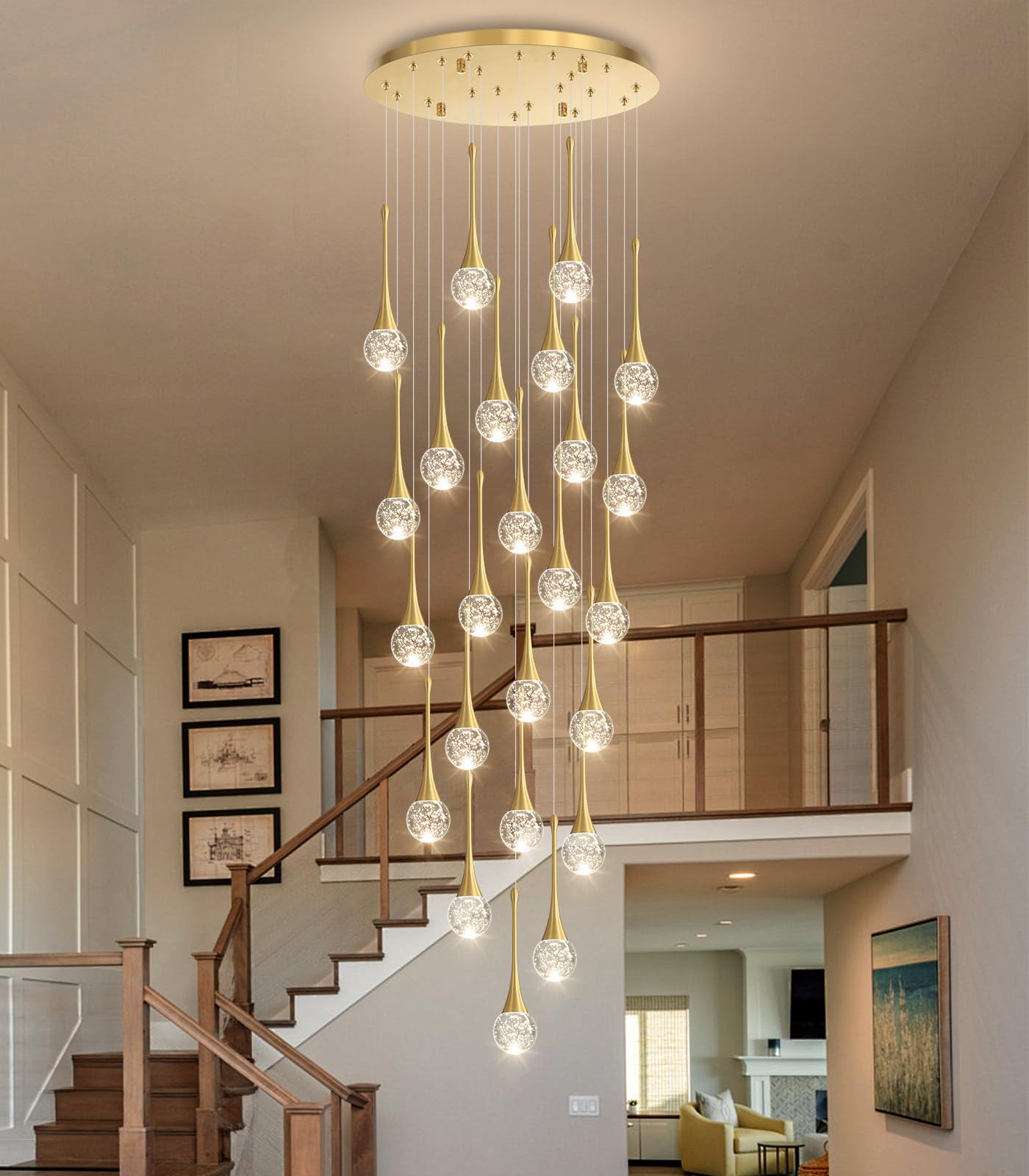 cenozo 24-Light Modern Glam Crystal Chandelier, LED Dimmable, Antique Gold, High Ceiling Lighting, Model RS2037-24G