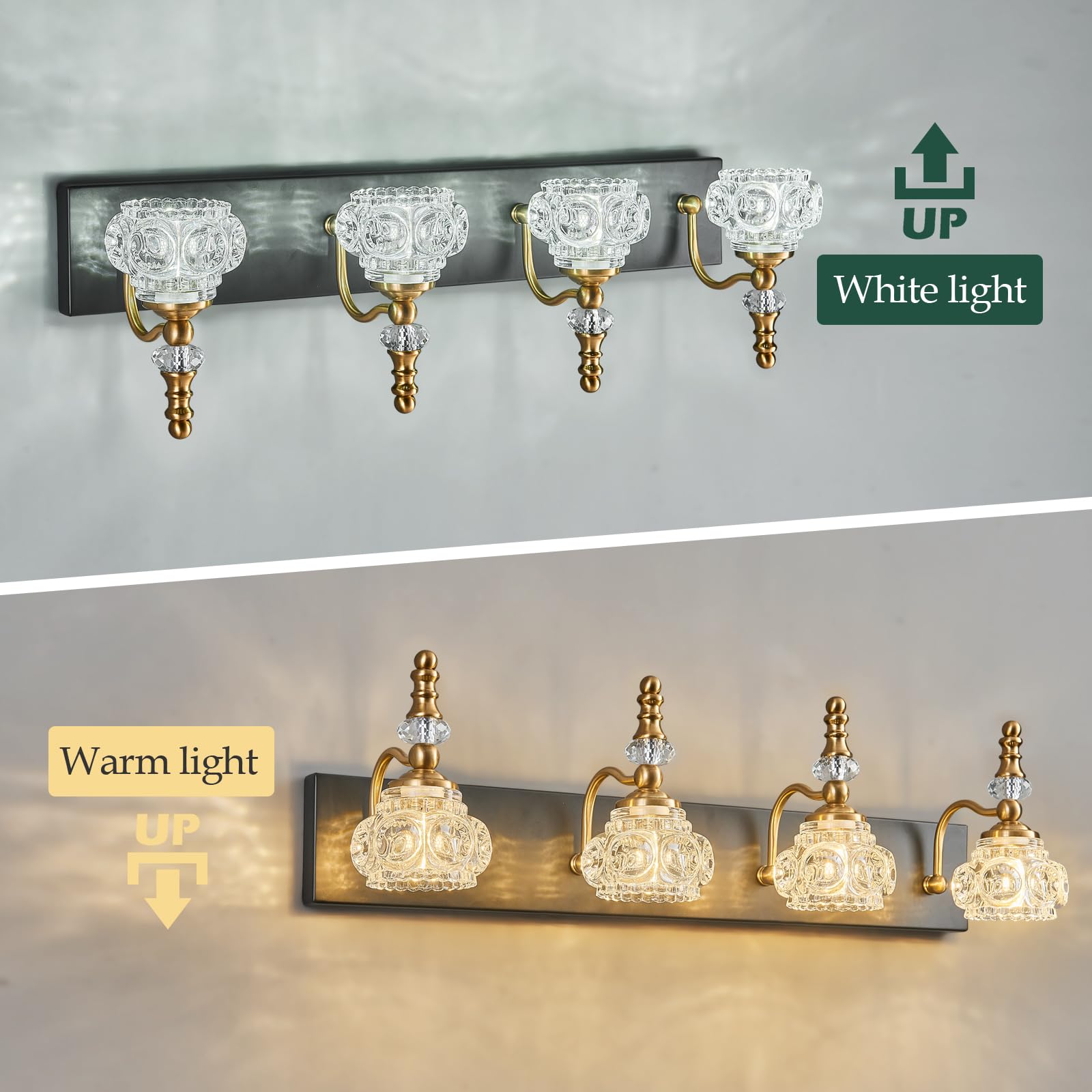 LBSQJ 4-Light Bathroom Vanity Light Fixture, Modern Glass Crystal, Black Gold, Model 493, Over Mirror Lighting