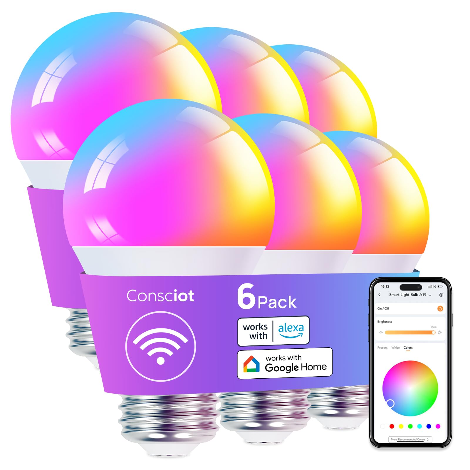 Consciot Smart Light Bulbs, Led Light Bulb That Works With Alexa & Google Home, Music Sync, Rgbtw Color Changing Light Bulb, A19