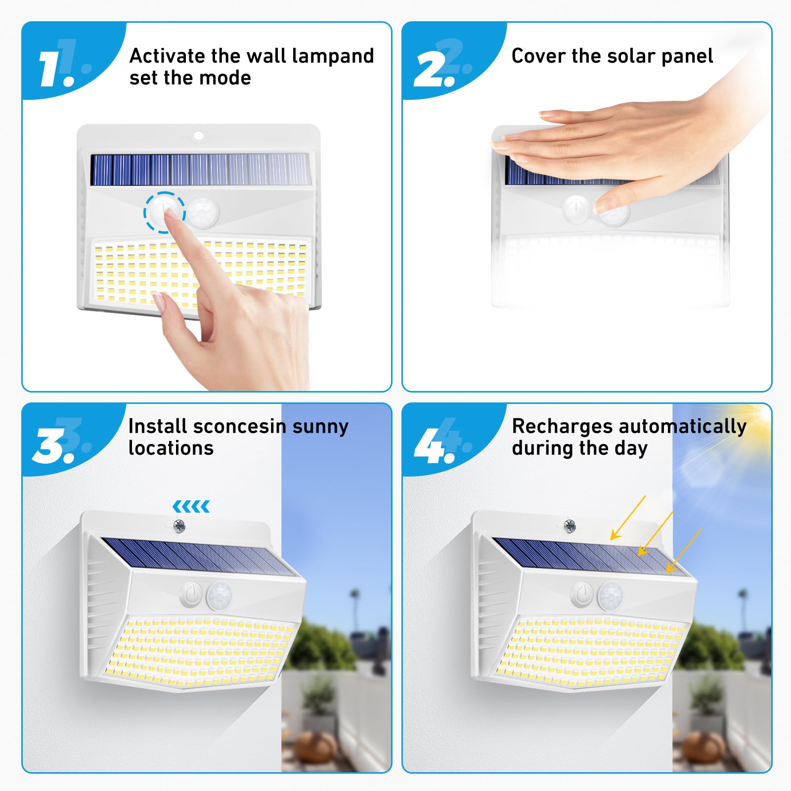 [4 Packs] Solar Outdoor Lights Motion Sensor Solar Security Lights Waterproof With 3 Lighting Modes Solar Powered Wall Lights Outside For Garden Fence Yard White