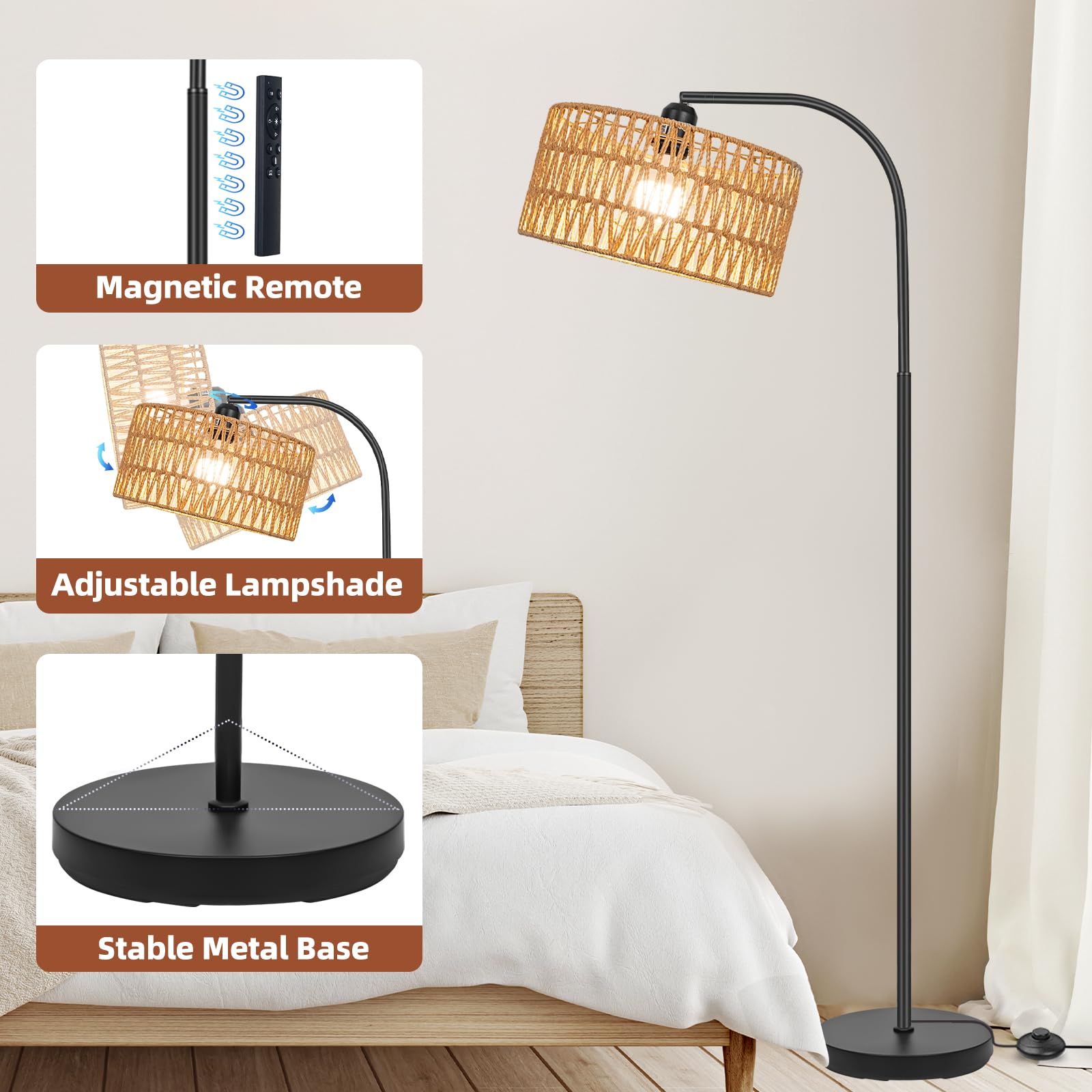 Brilvibera Rattan Floor Lamps For Living Room, Boho Standing Lamps With Rattan& Linen Double Shades, Arc Lamps Floor Standing With 9W Bulb, Foot Switch, Bohemian Floor Lamps For Bedroom, Office