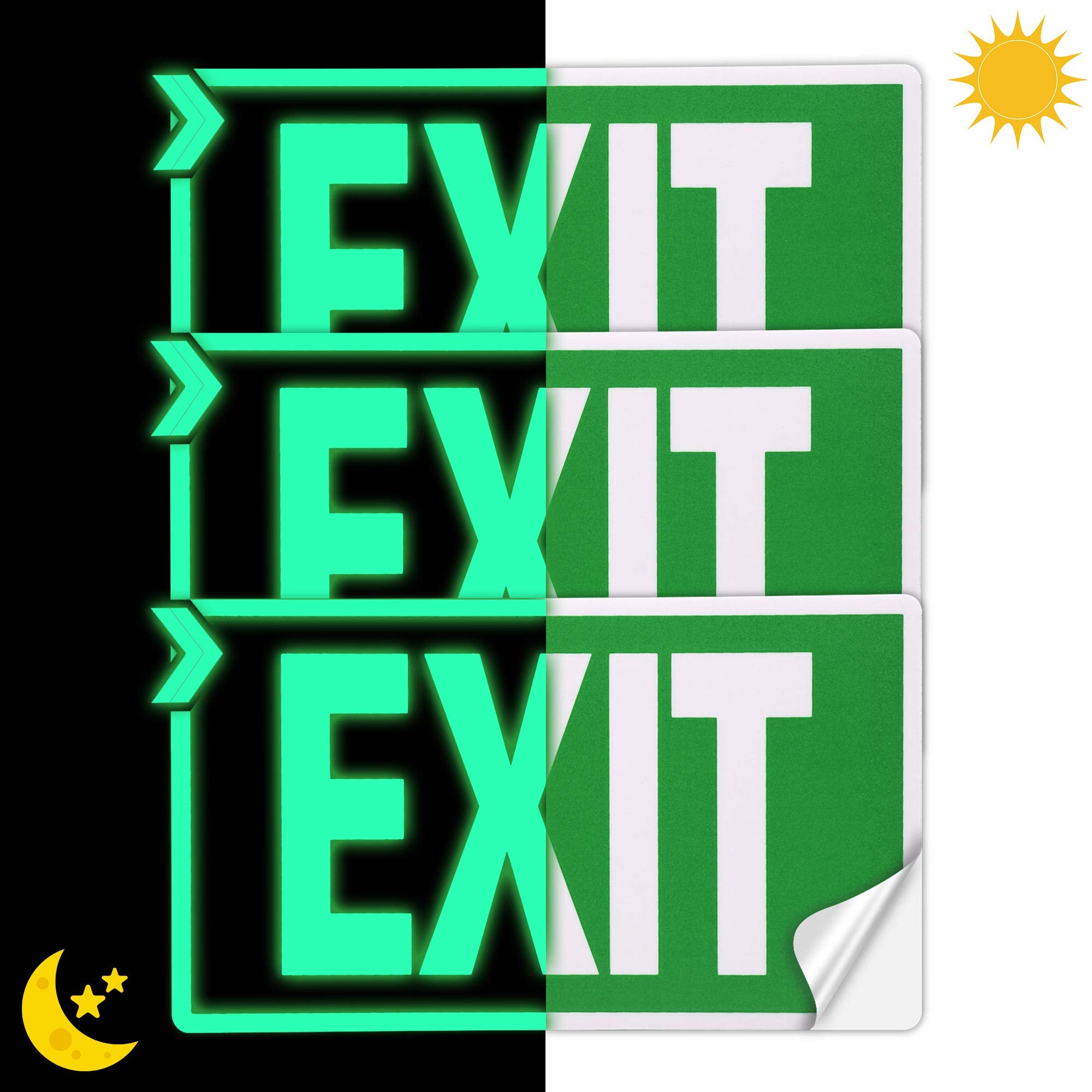 Exit Signs Glow In The Dark Exit Decals 3 Pack 12''X7'' Exit Photoluminescent Signs Stickers, Glows For Up To 8 Hours