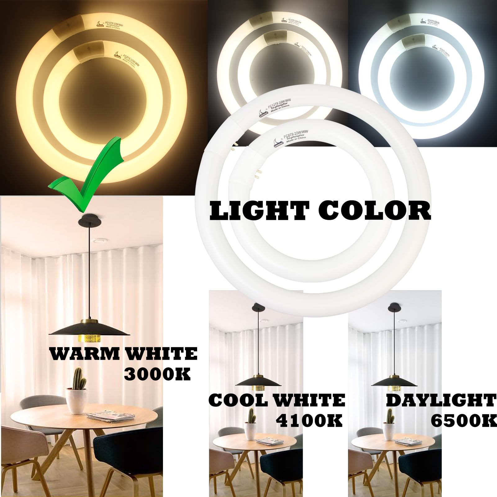 CHKADAWA Round Fluorescent Light Bulbs Set, 22W & 32W Warm White, G10q Prong, 3000K, Ideal for Kitchen & Bath Lighting