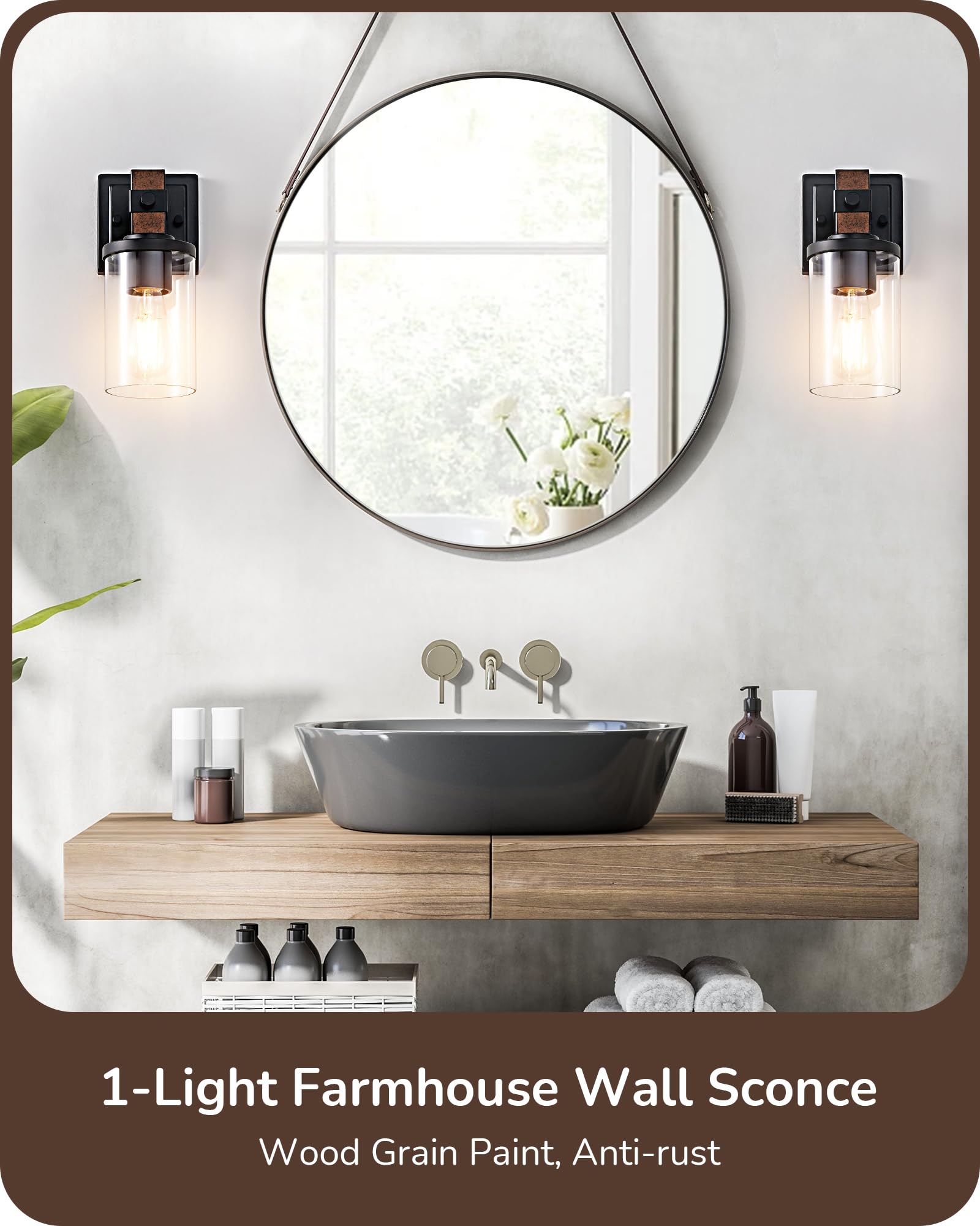EDISHINE Wall Sconces Set of 2, Rustic Dark Wood 1-Light Bath Light Fixtures with Clear Glass Shade, Model HHVL02E
