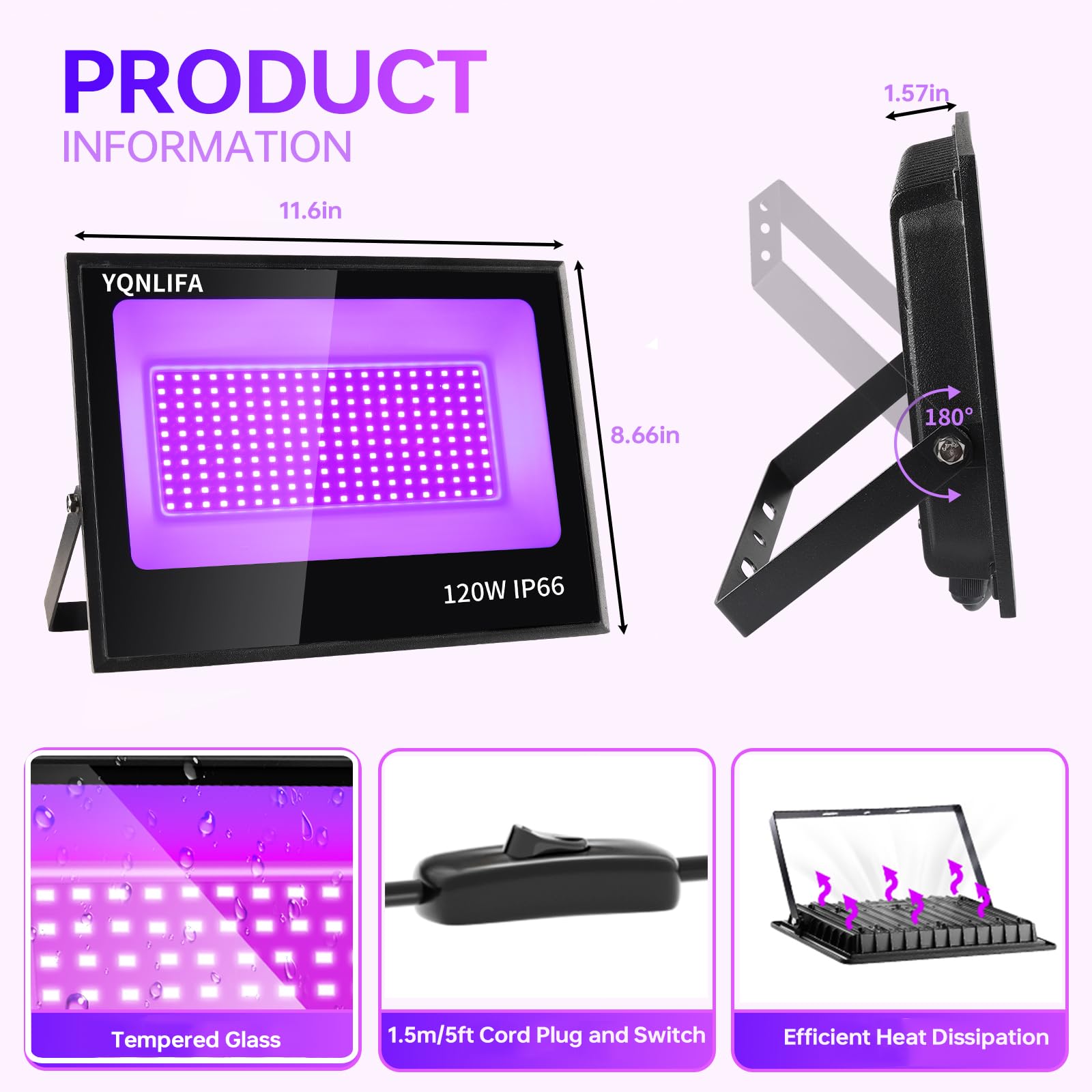 120W Led Black Lights, Blacklight Flood Light For Halloween Decorations, Ip66 Waterproof Black Lights For Black Light Party, Sta