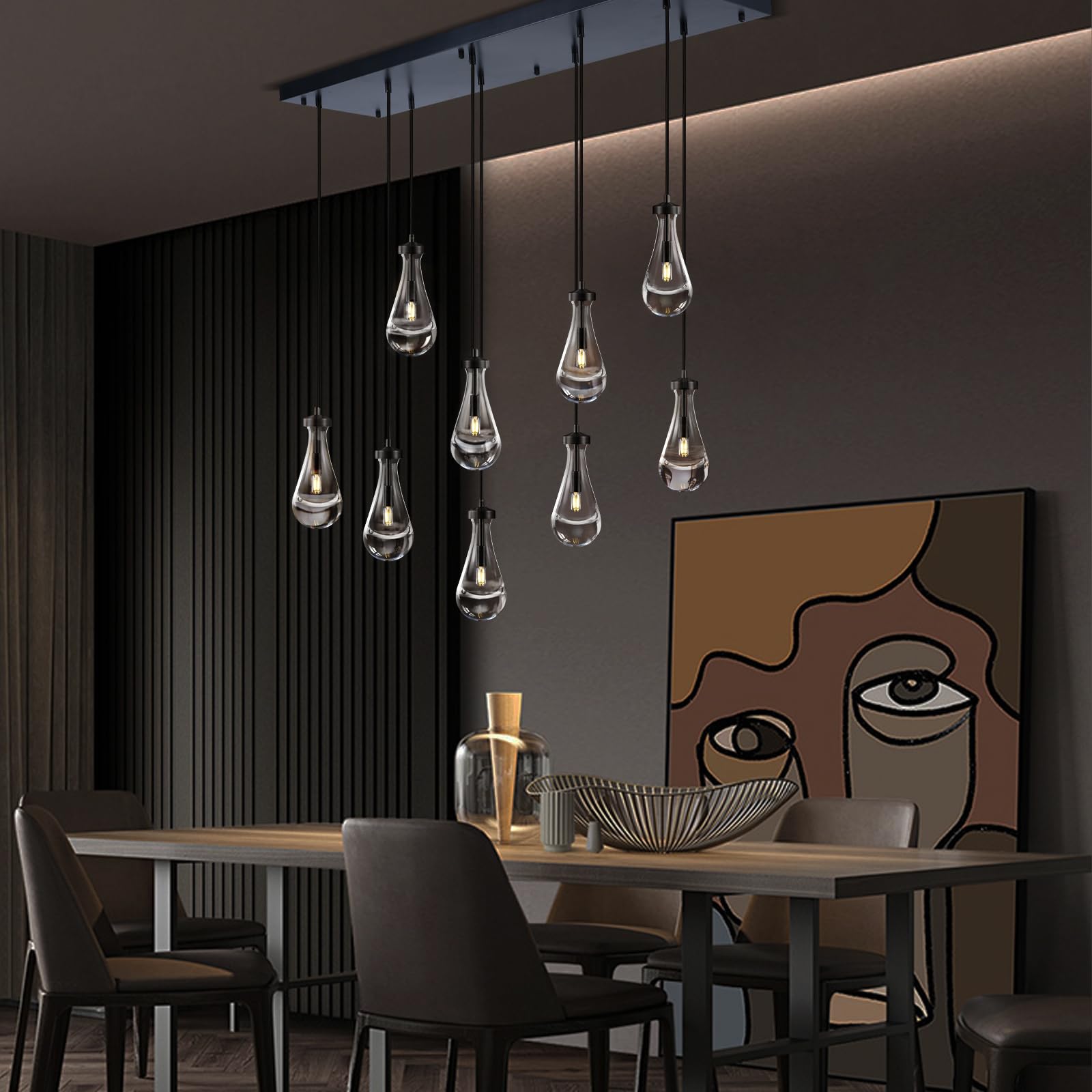 Joyunleo 9-Light Raindrop Chandelier, Adjustable Black Glass Pendant Light for Dining Room, Model YD-9-Light2