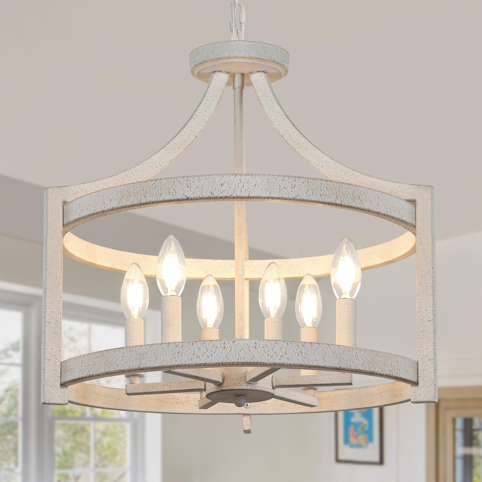 WBinDX 6-Light Farmhouse Chandelier, Distressed White Hanging Pendant Lighting, Convertible Semi Flush Mount Ceiling Light Fixtu