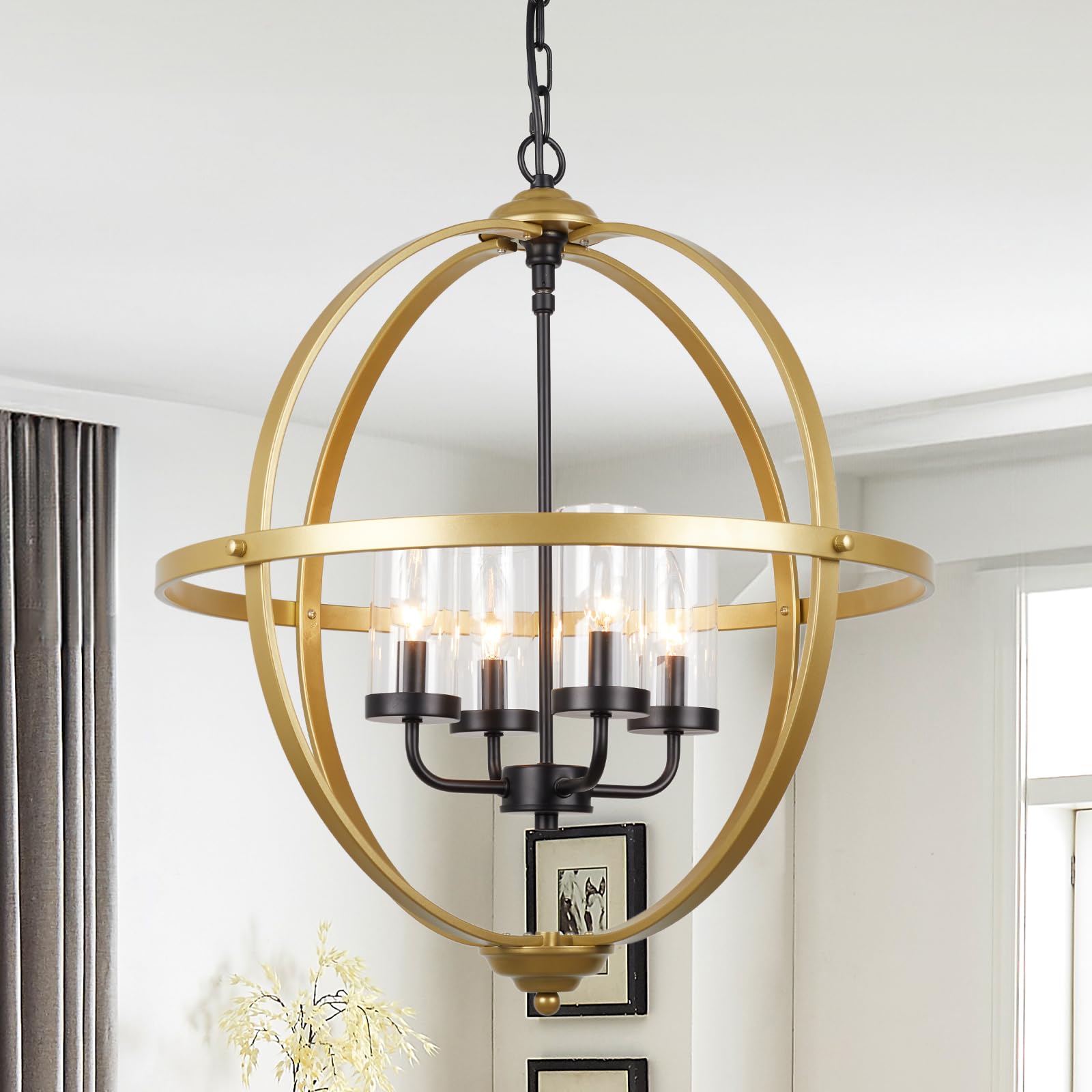 Treekee 4-Light Globe Orb Chandelier, Adjustable Pendant Light Fixture, Iron, 20in , Black and Gold Finish