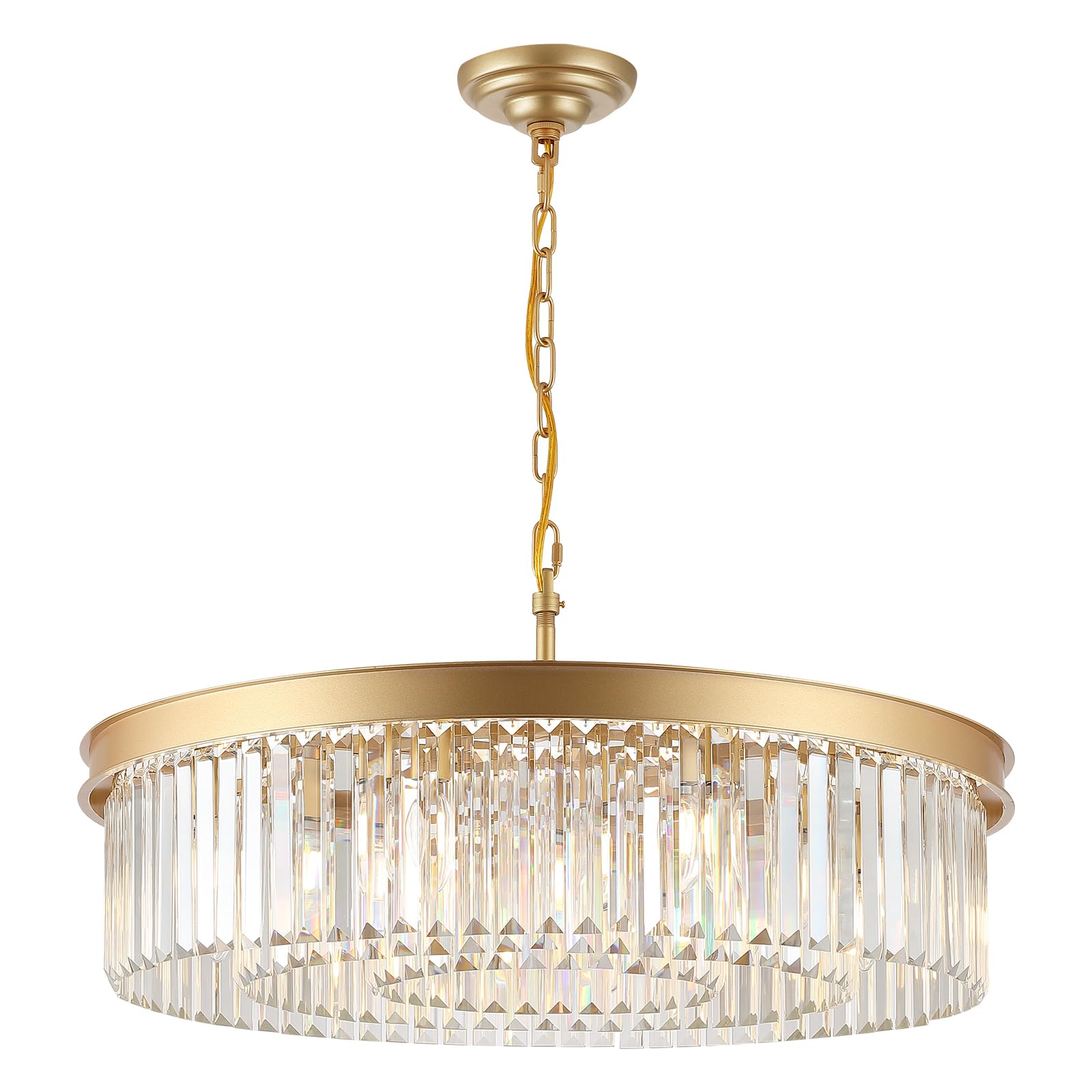 A AXILIXI 30" Gold Crystal Chandelier, 12-Lights, Modern Round Design, Brass Metal, Model 88317, Ideal for Dining Room & Entryway