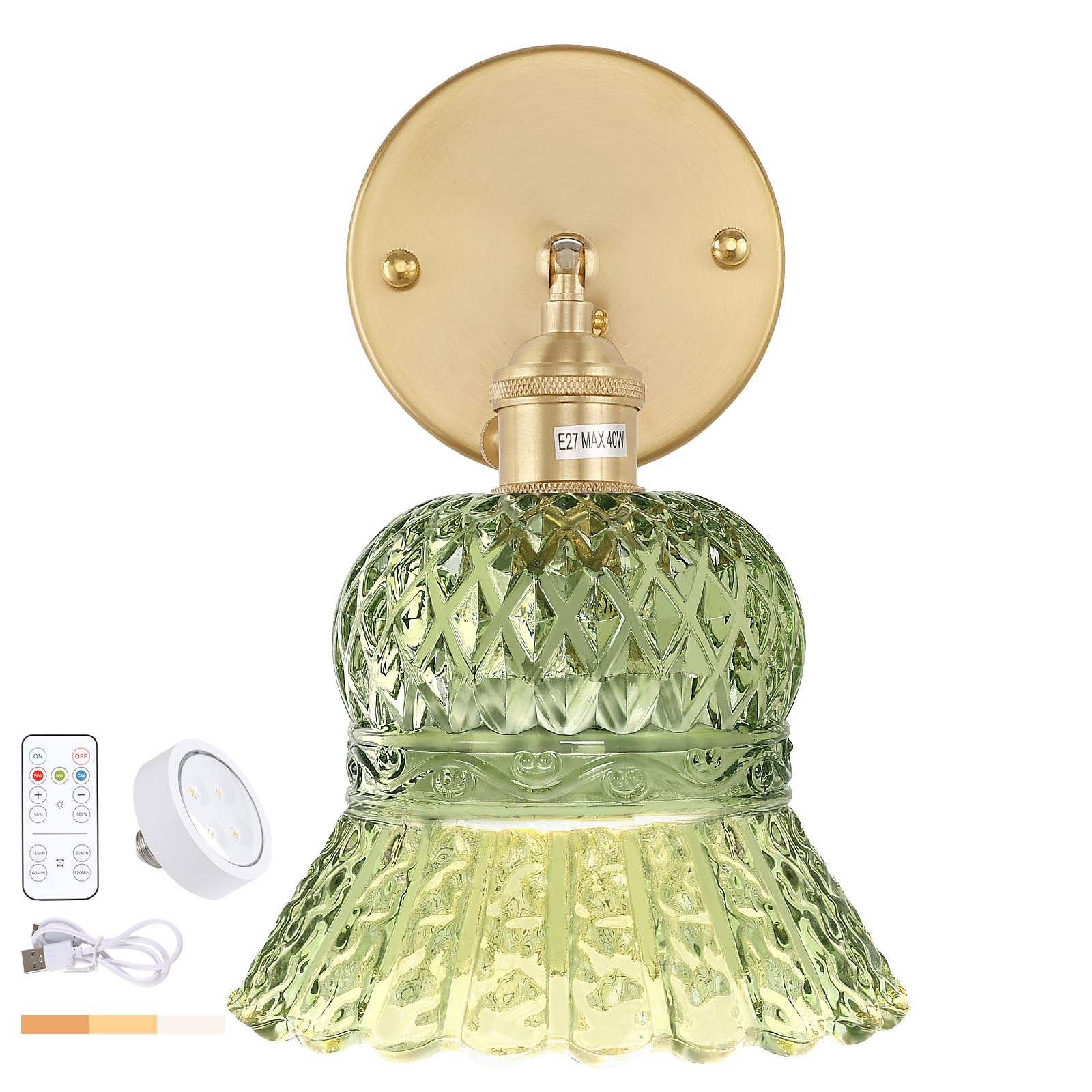 Shenmoyl Vintage Battery Operated Wall Sconce with Remote Control, Dimmable LED Light, Pineapple Green, 1-Pack, Model 1-94915-sconc