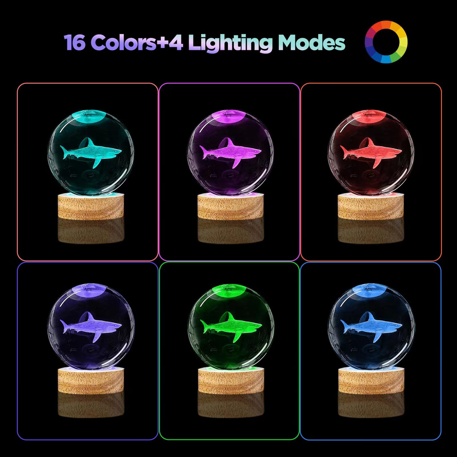 Huntalg 3D Shark Crystal Ball Night Light With Remote Upgraded 3.15 In Shark Glass Ball Table Lamps With 16 Color Led Wooden Bas