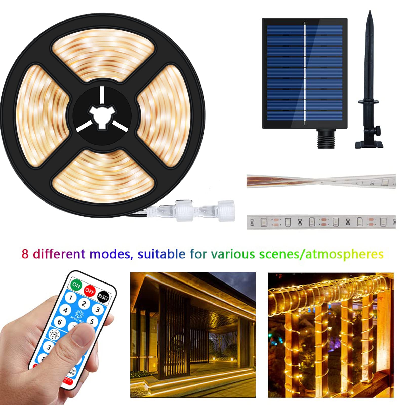 Uniontang Solar LED Strip Lights, 16.4ft, 280 LEDs, IP67 Waterproof, Warm White, with Remote Solar Panel Control Box