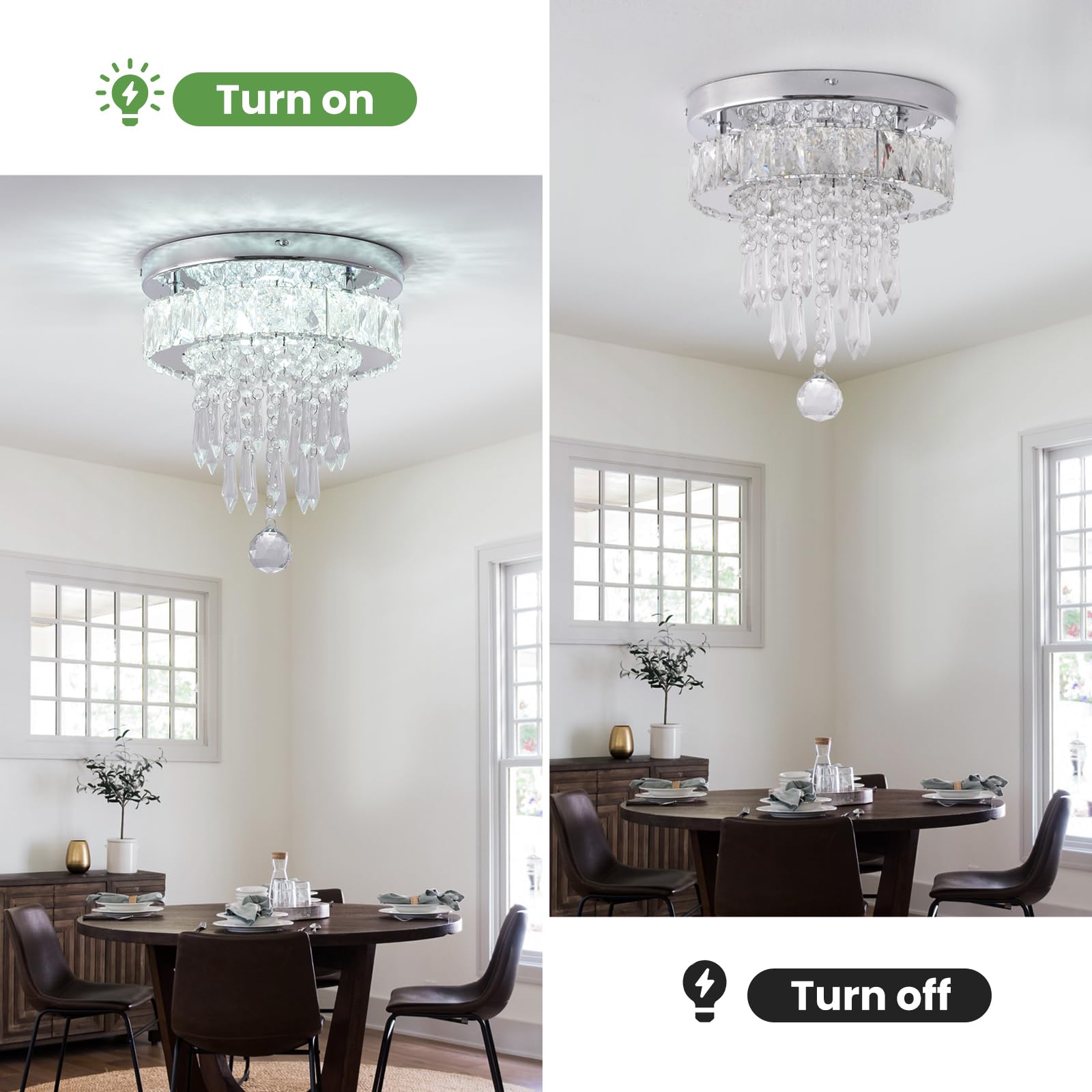 LEONTYNE 9.8" Small Flush Mount LED Crystal Chandelier, K9 Crystals, Steel Frame, 6000K Cool White, Model MC001-Cool