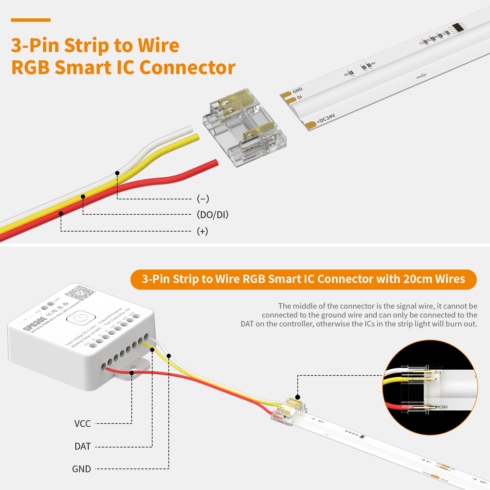 PAUTIX 12mm RGB Smart IC COB LED Strip Connector Kit - 3-Pin Solderless, Dual-End Extension, Plastic, Model COBC-12MMRGBIC-3PIN