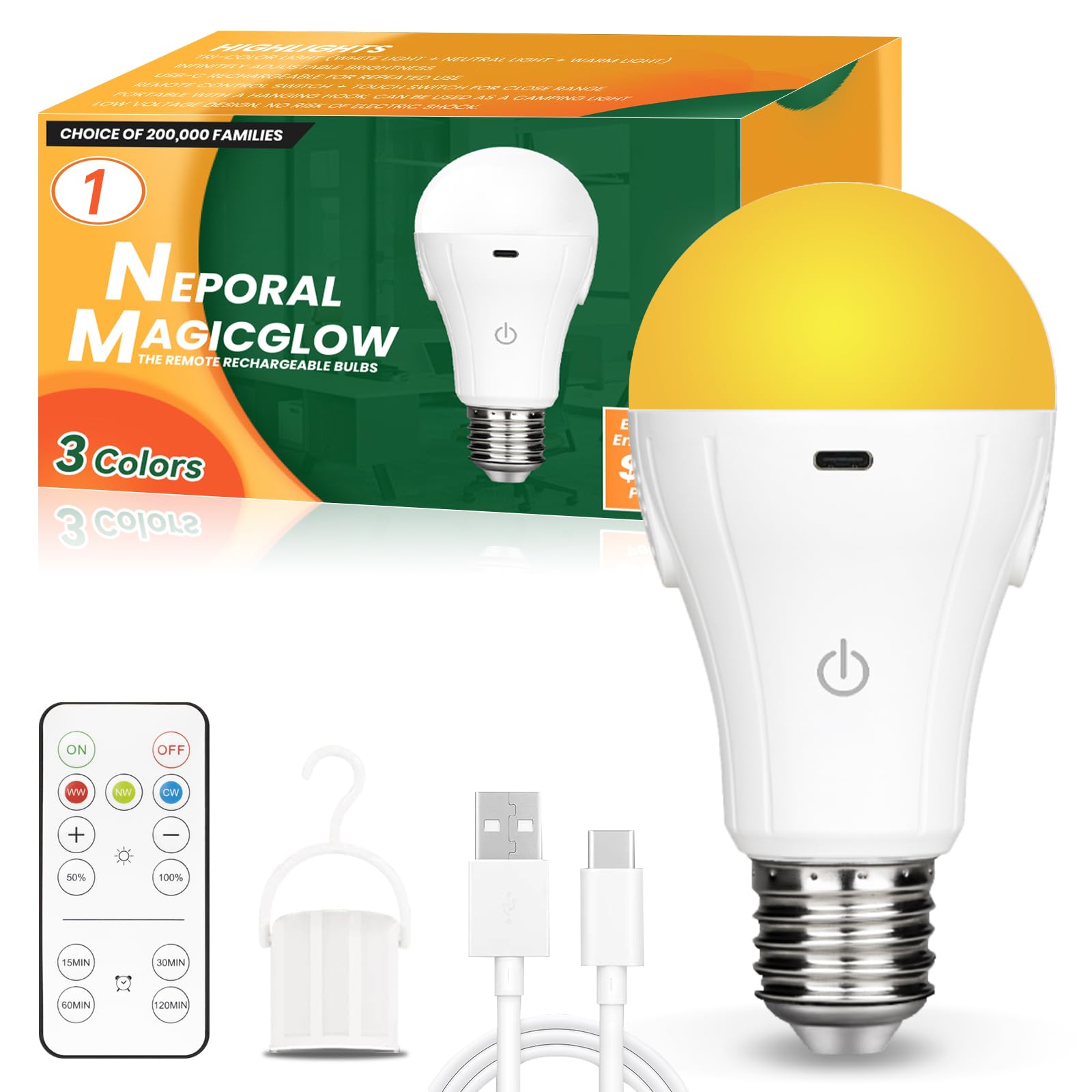 Neporal MagicGlow Rechargeable Light Bulbs with Remote, 3 Colors Shift + Dimmable Battery Powered Light Bulbs, USB Rechargeable, A19 Emergency LED Light Bulbs, 15W, Up to 24 Hours, 1 Pack