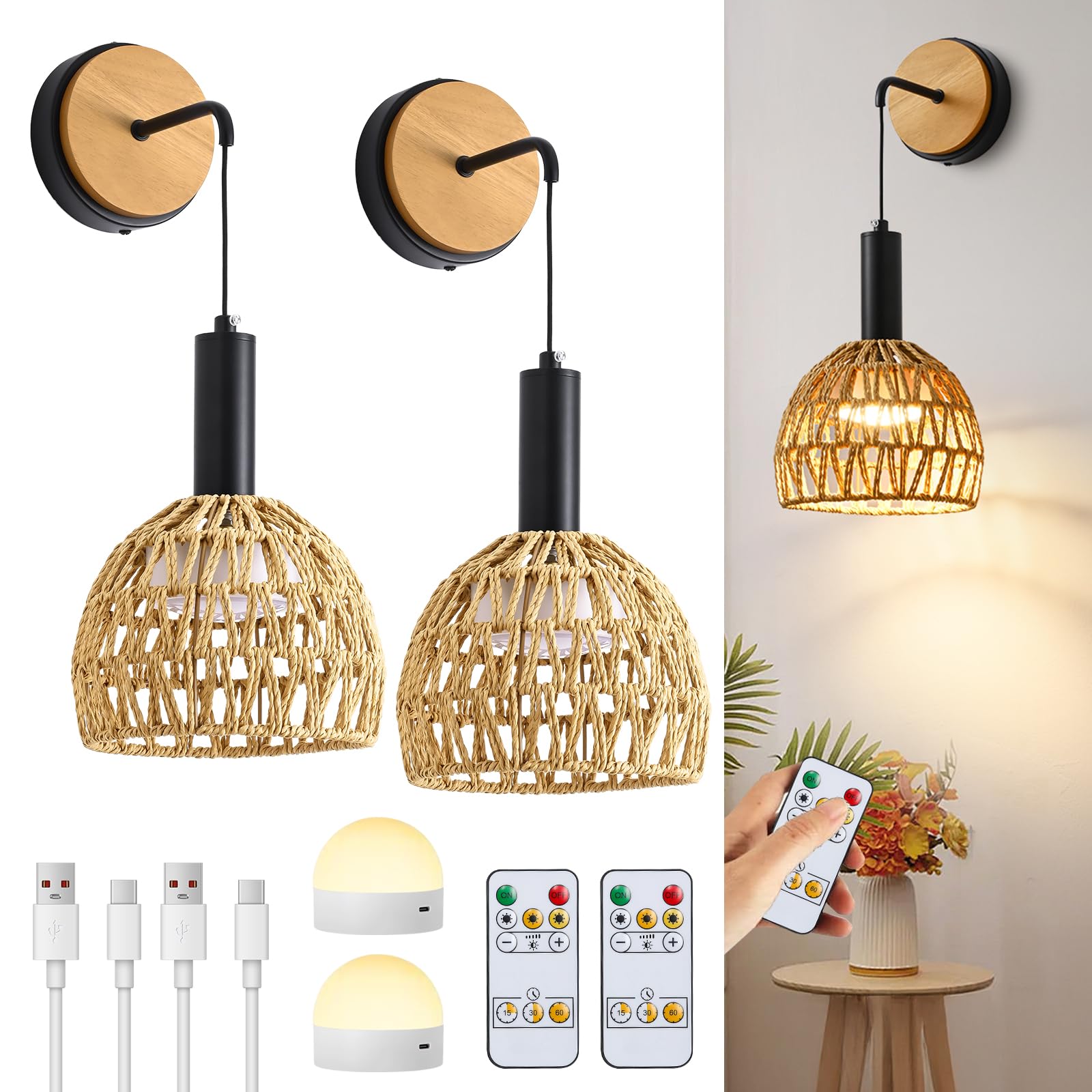 Zlierop Rattan Wall Sconce Set of 2, Battery Operated, Remote Control, Dimmable, Black, Model 630686ab