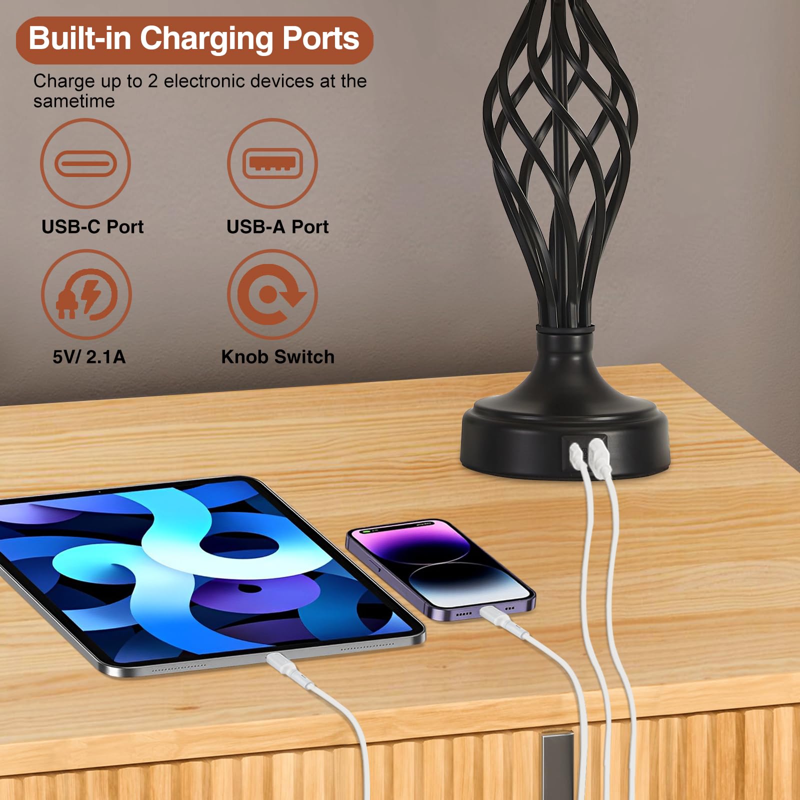 EJIAXIN Modern Table Lamp Set of 2, Black Base with Beige Shade, USB C+A Ports, Includes 2 LED Bulbs, Model 108