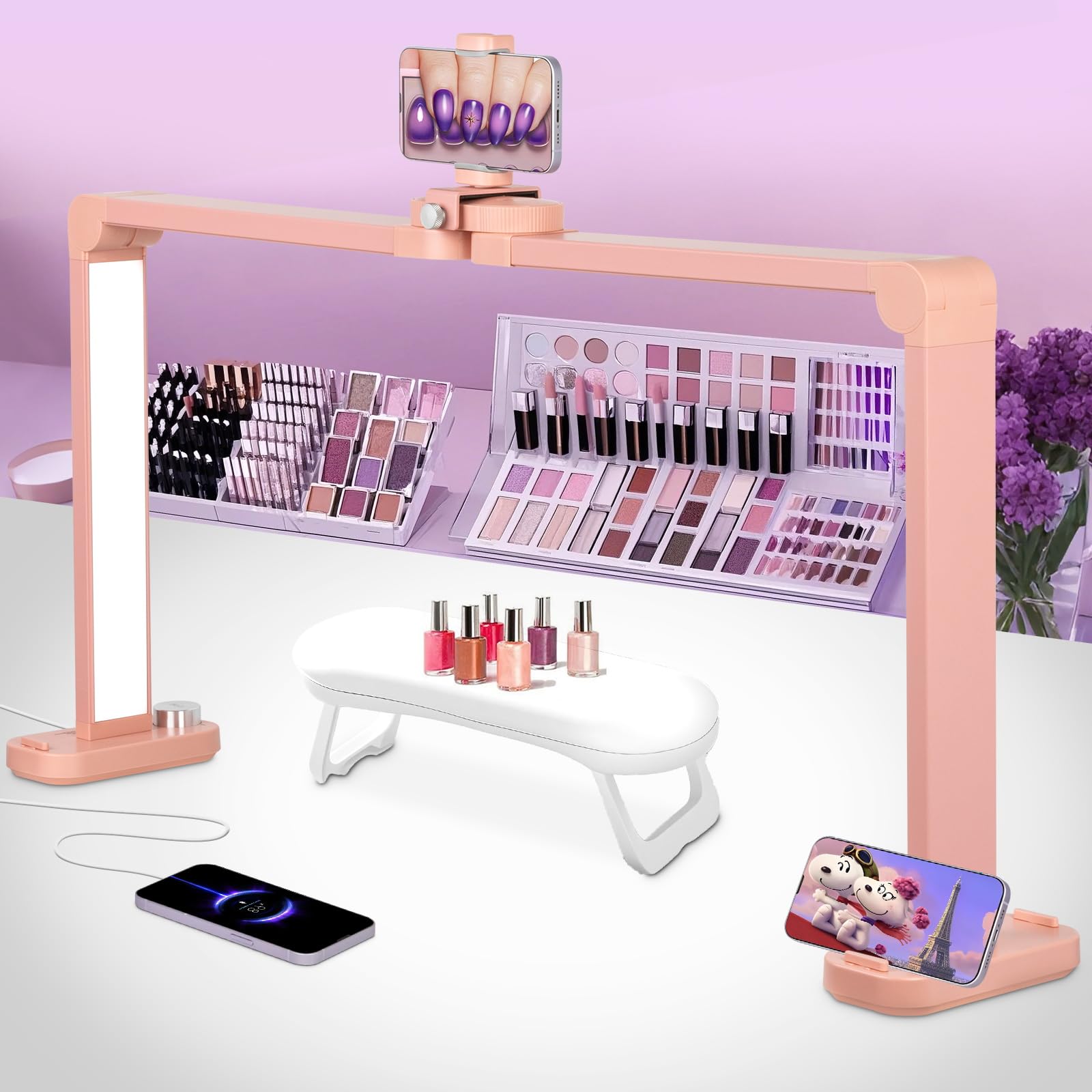 HITTI Nail Light Lamp, 34in Foldable with Phone Holder, Dimmable, Pink, Super Large, Model ZJD-Pink