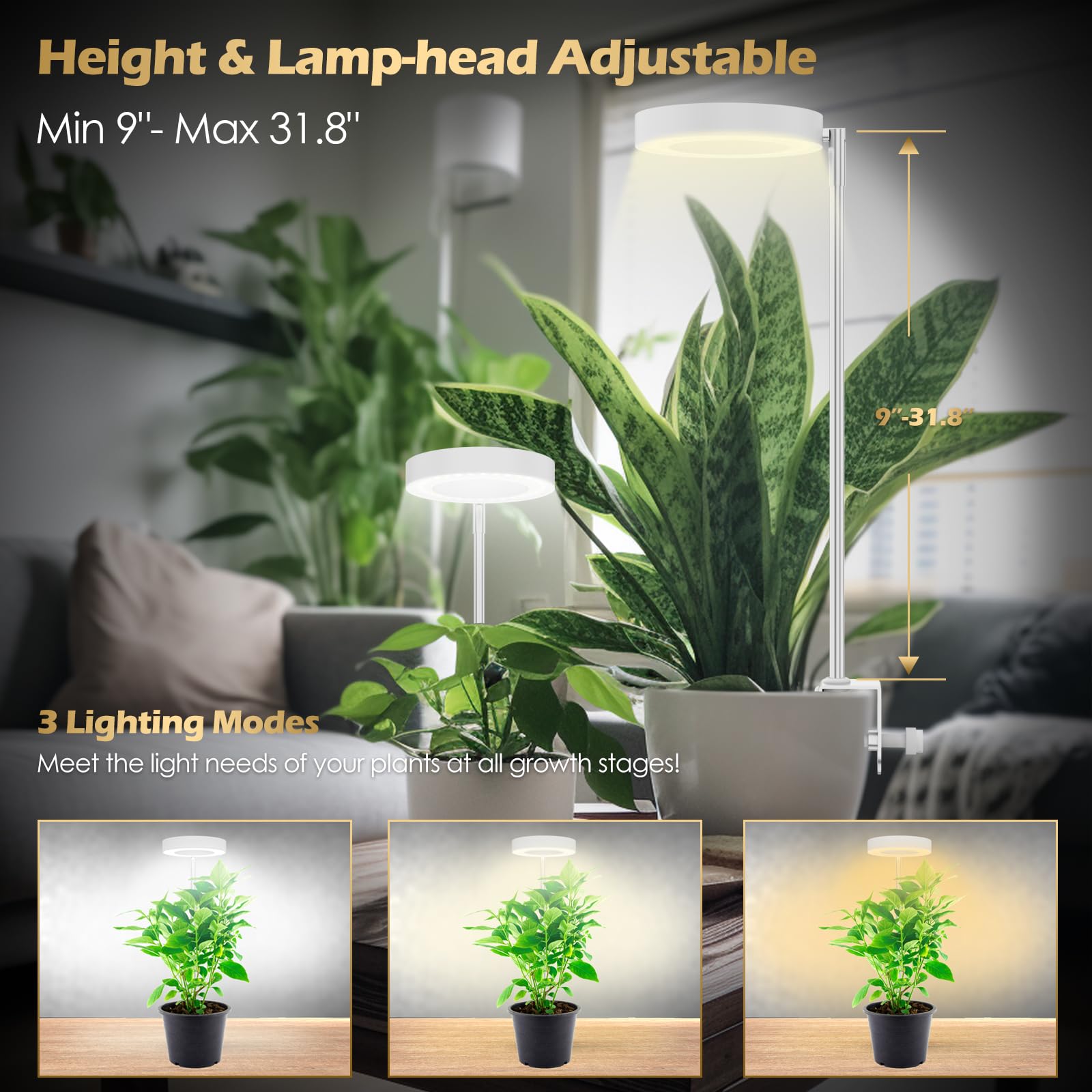 Glowrium Grow Lights For Indoor Plants, Full Spectrum Plant Lights With Clip, Height Adjustable&3 Spectrum Mode, 3/9/12H Automatic Timer, 10 Dimmable Brightness, Mini Halo Grow Lights For Small Plant