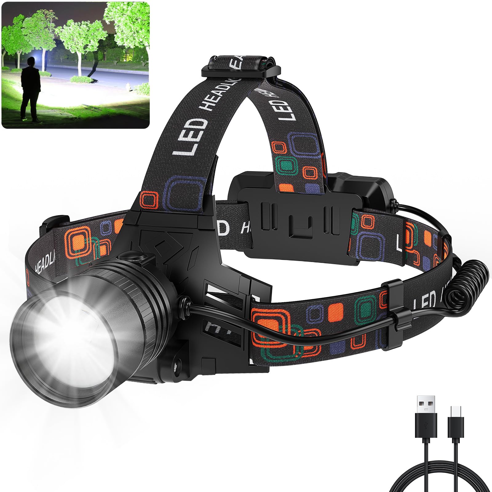 Rechargeable Headlamp, 990000 Lumens Super Bright Led Head Lamp With 3 Modes, 90 Adjustable Head Lights For Forehead, 45H Long R
