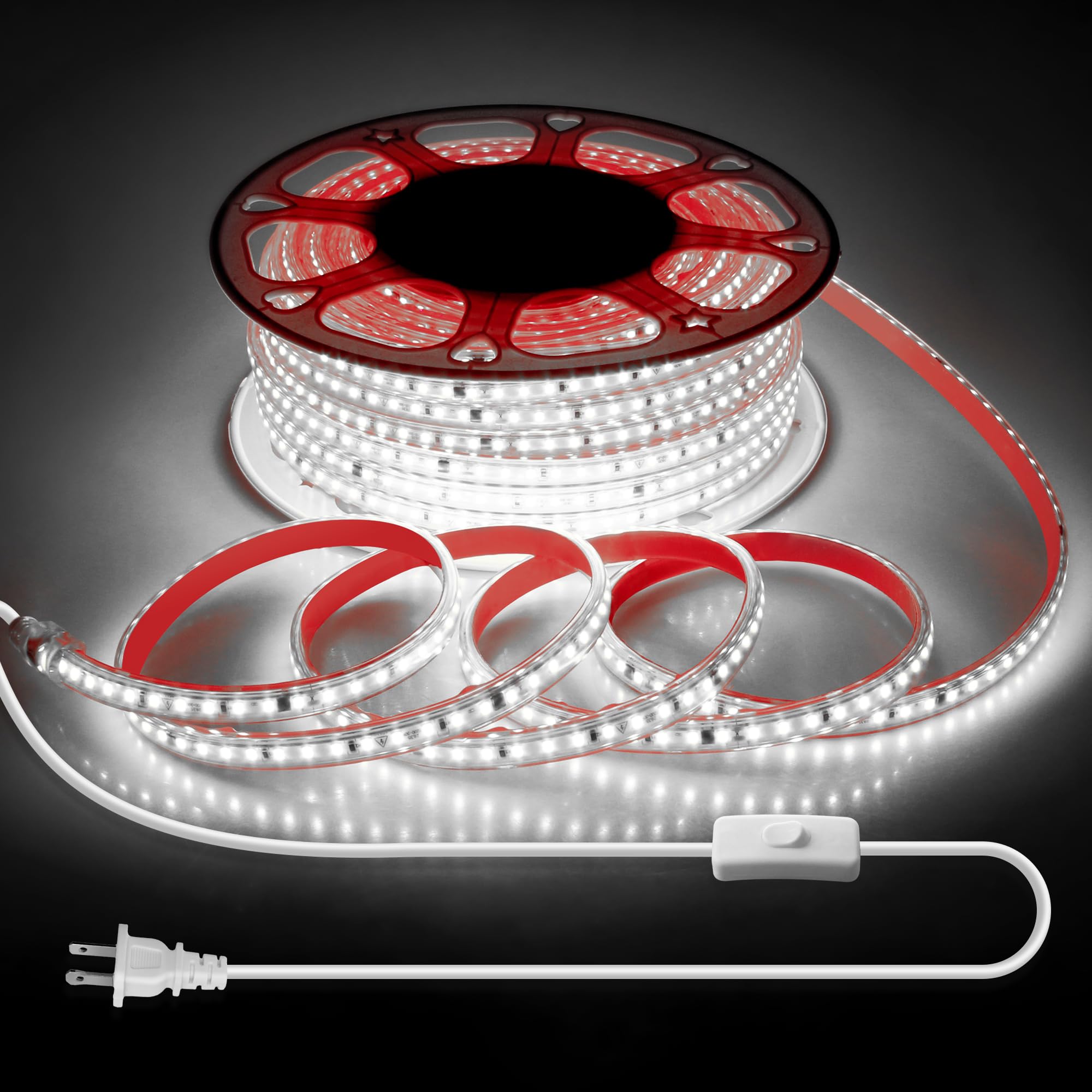 Samsion AC 110V-120V LED Band Lights 100FT Outdoor Waterproof LED Rope Light for Outside Self-Adhesive 6000K Super Bright Cold White Plug in SMD 2835 120LED/M IP67 for Garden Patio Christmas Decor