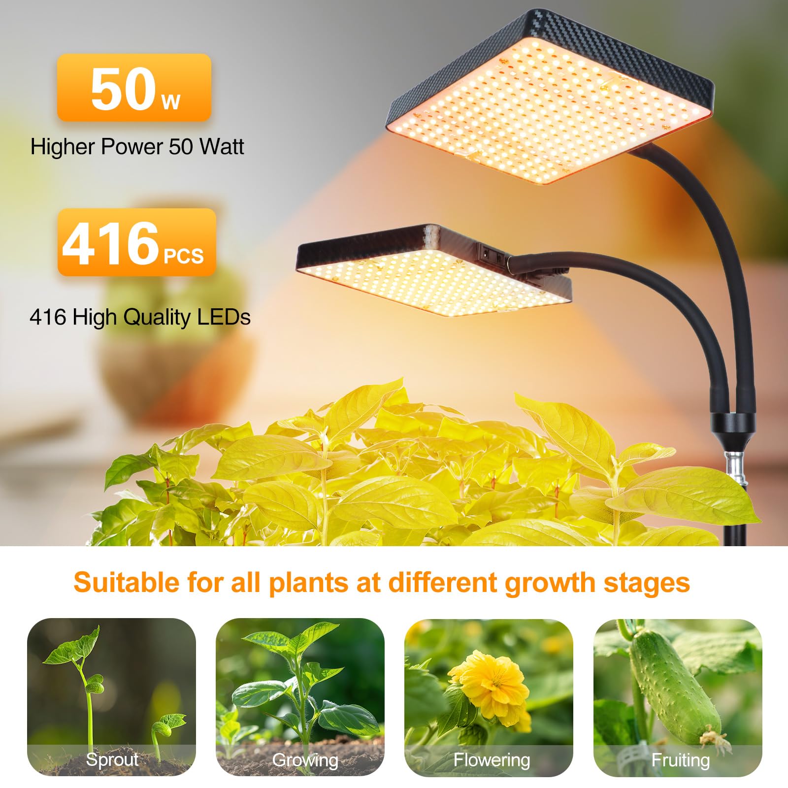 2-Head Grow Light with Stand 50W, FECiDA 2025 Grow Lights for Indoor Plants, Full Spectrum LED Plant Grow Light for Houseplants,
