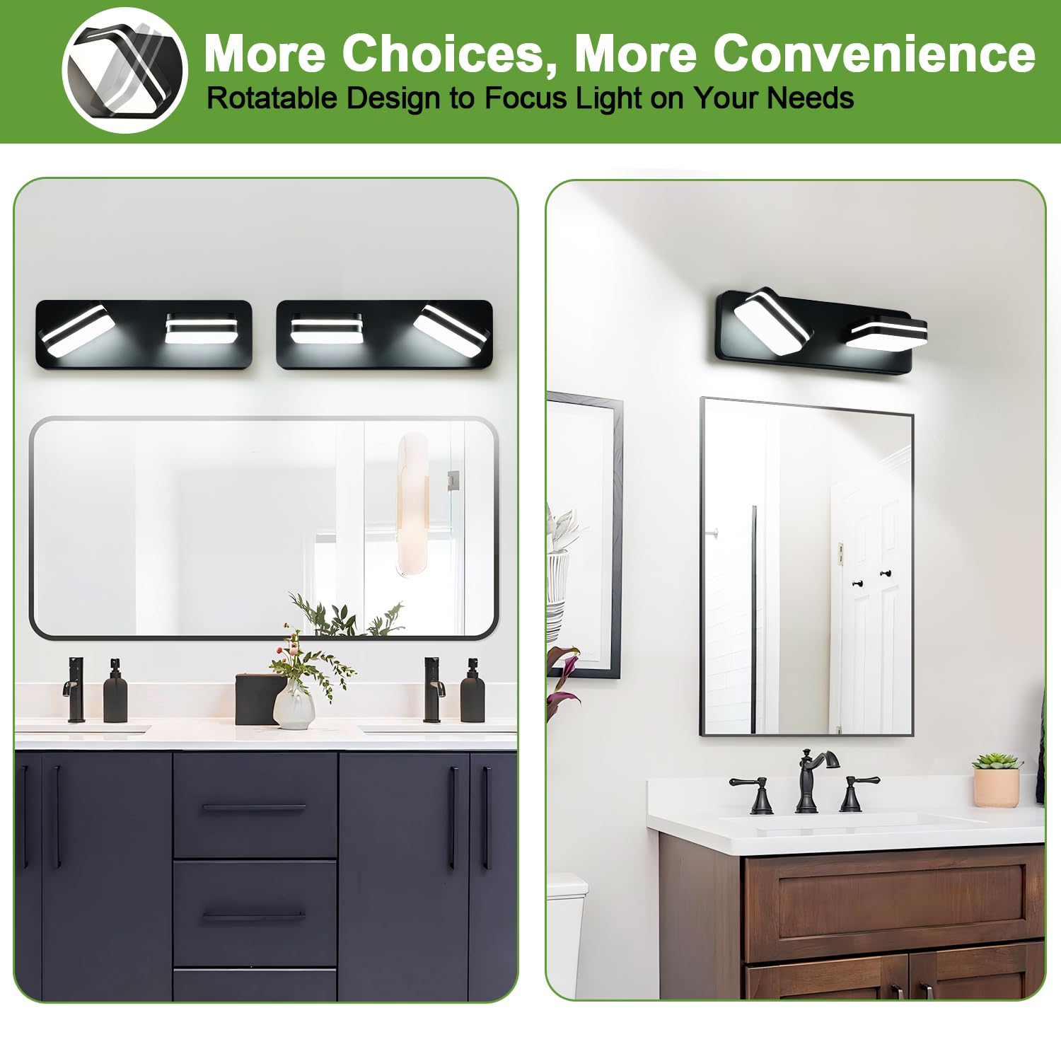 Torondo 360° Rotate LED Bathroom Vanity Light, 1000LM, 2-Light, 14-Inch, Acrylic, Matte Black, Model HJ0W28-2, Natural White