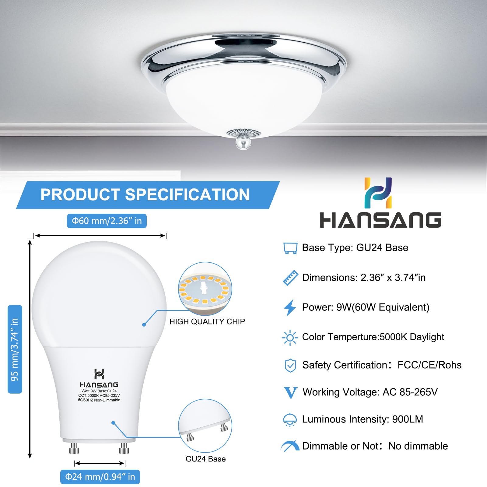 Hansang A19 Led Bulb Gu24 Light Bulb Base,9W (100W Equivalent),900 Lumens,5000K Daylight,220 Degree Beam Angle,Gu24 Twist Base,F