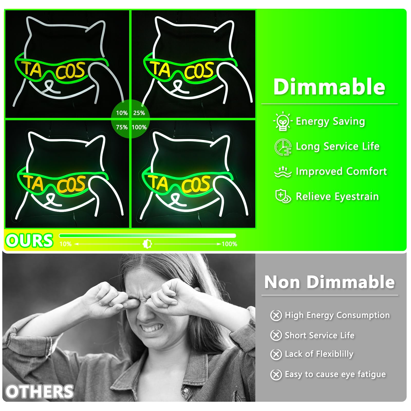 AUGELRE Tacos Sunglasses Neon Sign - Dimmable LED Wall Decor, 15.35inx12.6in, Green White, for Bedroom, Bar, Party Decorations