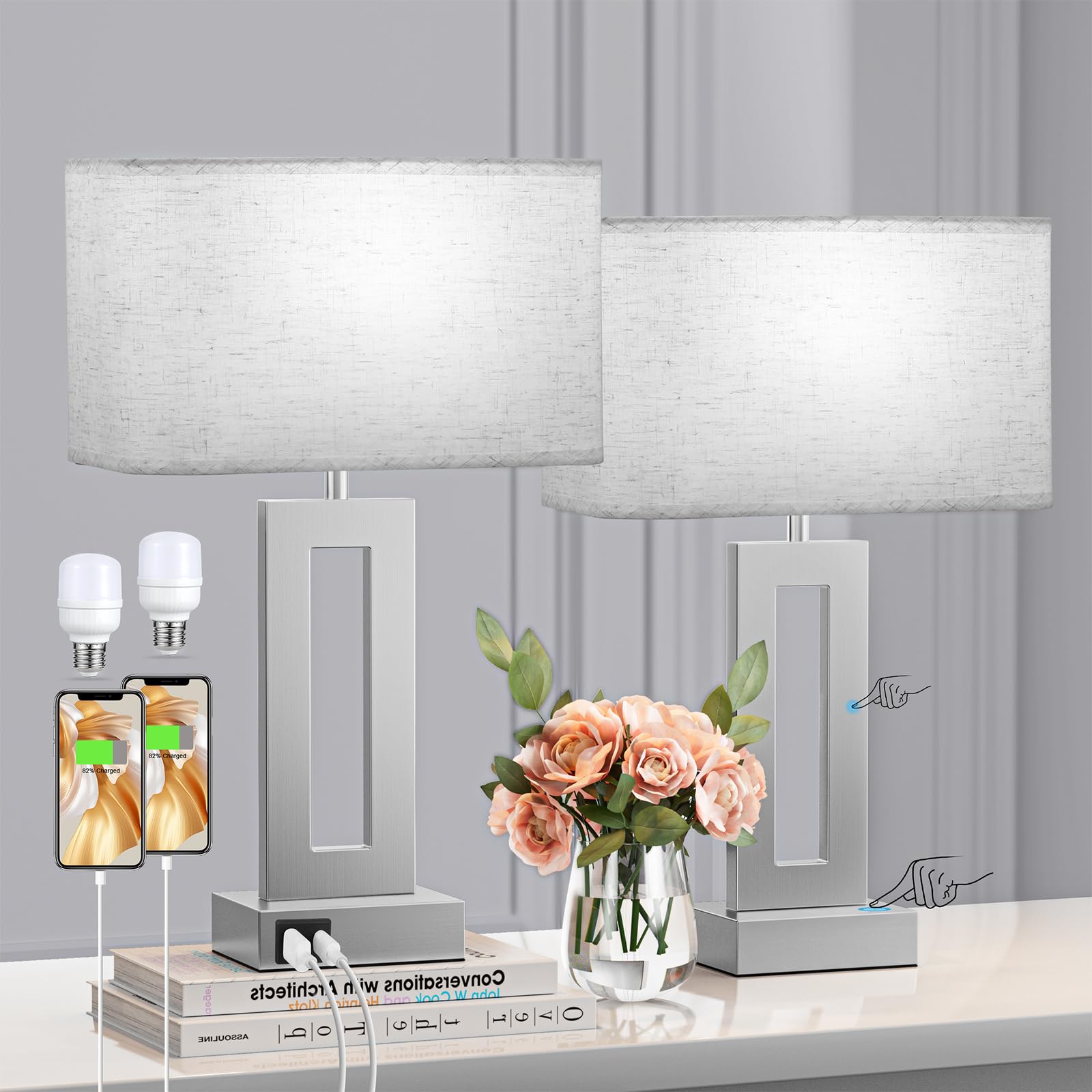 Bedroom Table Lamps Set of 2 - Beige Silver Touch Bedside Lamps with USB C+A, 3 Way Dimmable Gold Lamp for Nightstand, Modern Ni