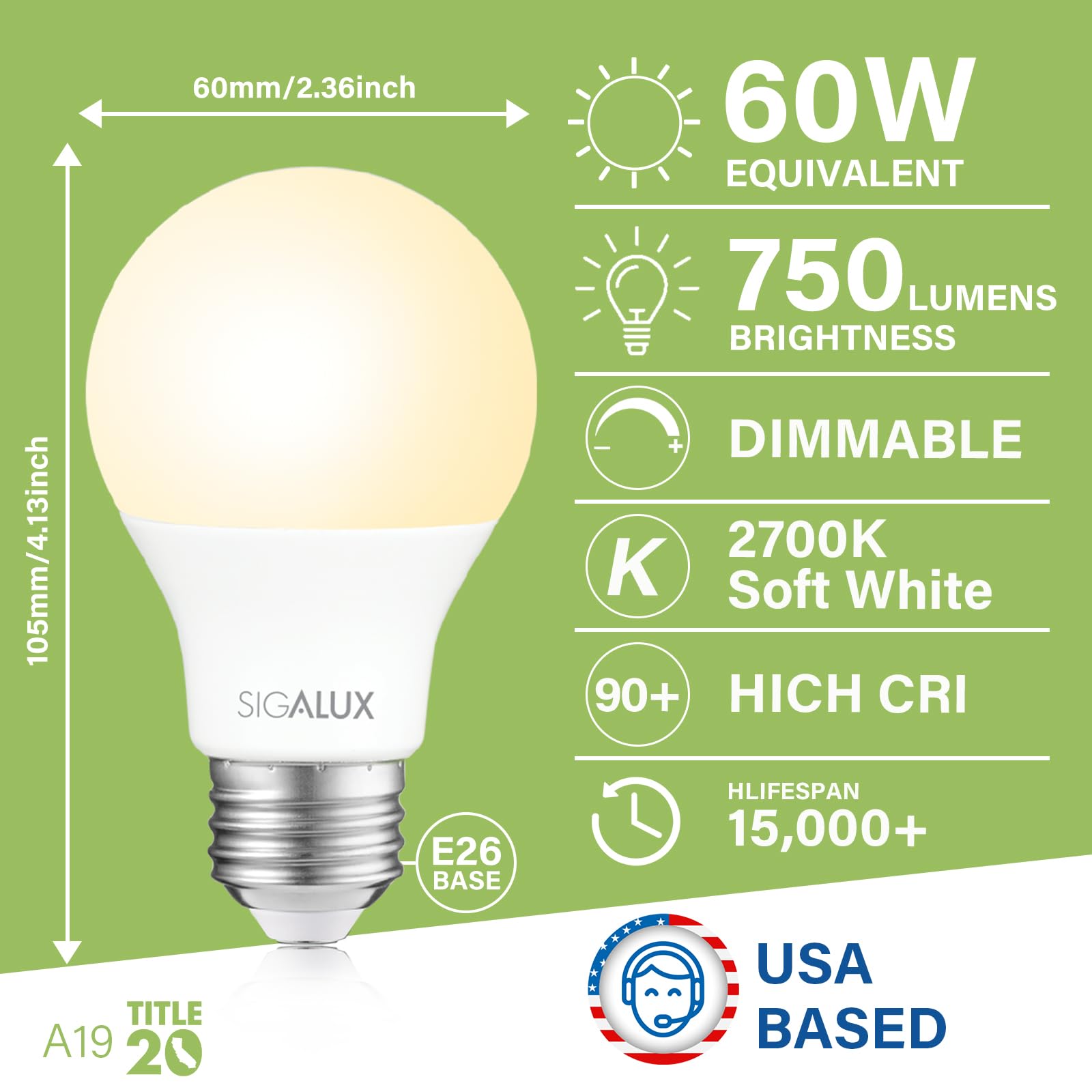 Sigalux Ecobright, T20 Compliant Led Light Bulbs 60 Watt A19 Standard Light Bulbs Soft White, Dimmable Efficient 8W 2700K Warm L
