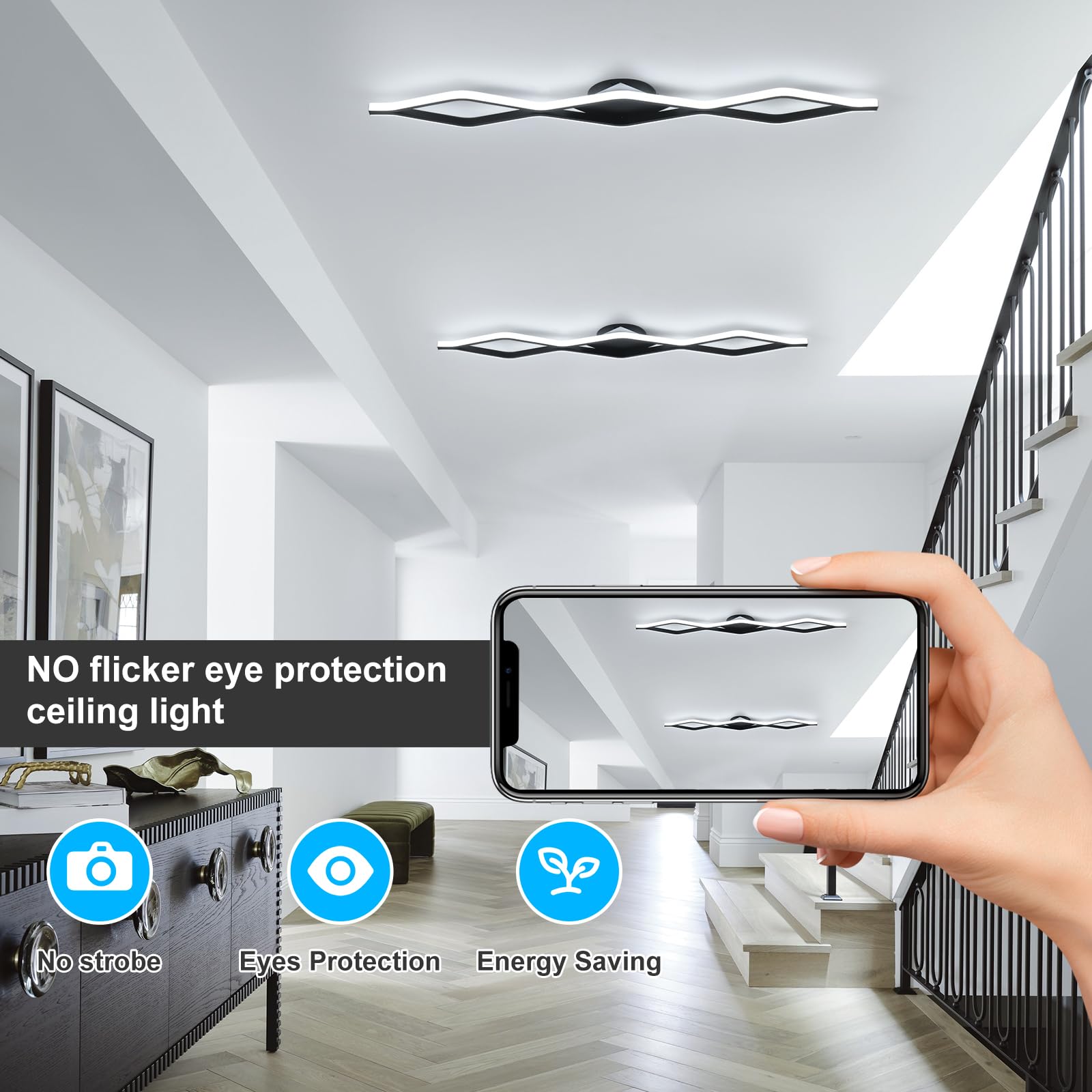 Qcyuui Dimmable Led Ceiling Lights 46.4 Kitchen Lighting Fixtures Ceiling Black Flush Mount Ceiling Light With Remote Linear Ceiling Light For Kitchen Bedroom Dining Room Hallway 24W