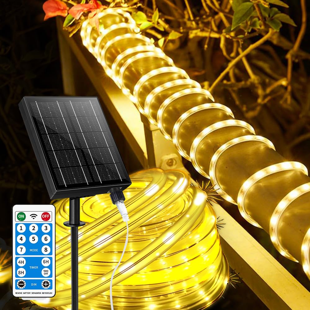 Larger Tube Solar Rope Lights 200Leds Waterproof,Rechargeable Battery,Dual Charging,39Ft Outdoor String Light,Remote-Control,For