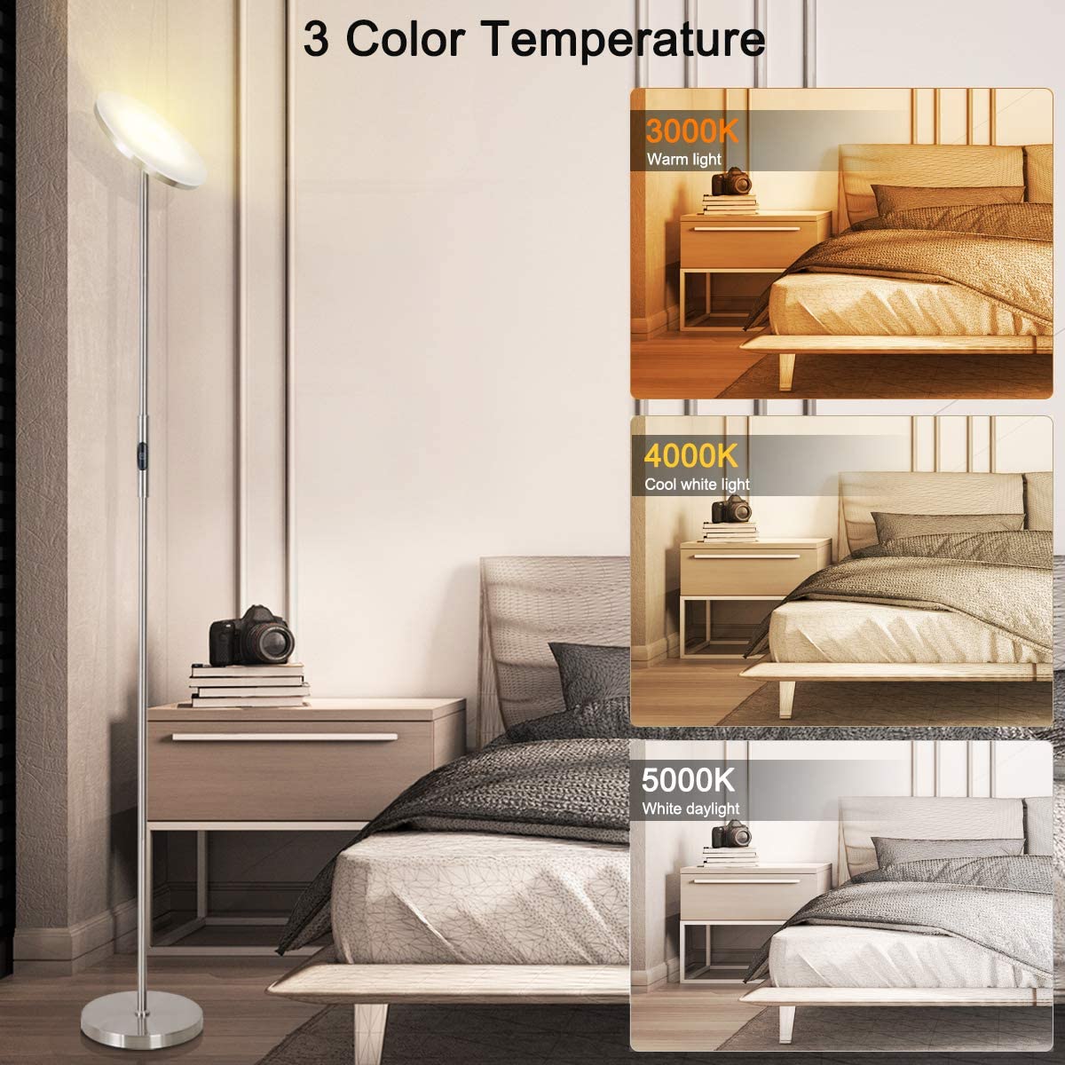 Joofo Brushed Nickel Floor Lamp, 30W/2400Lm Led Torchiere With Remote & Touch Control