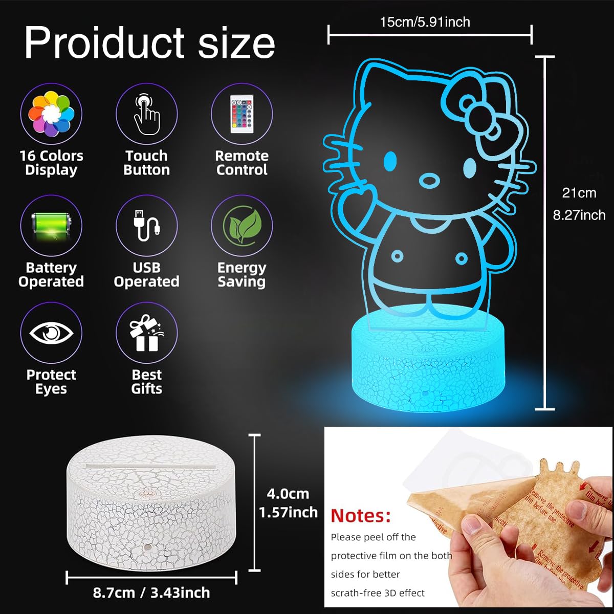 Atimomiao 3D Night Light - Cute Cat Illusion Lamp, 16 Colors, Remote Control, Acrylic, 8x2x6 inches, Model HT02