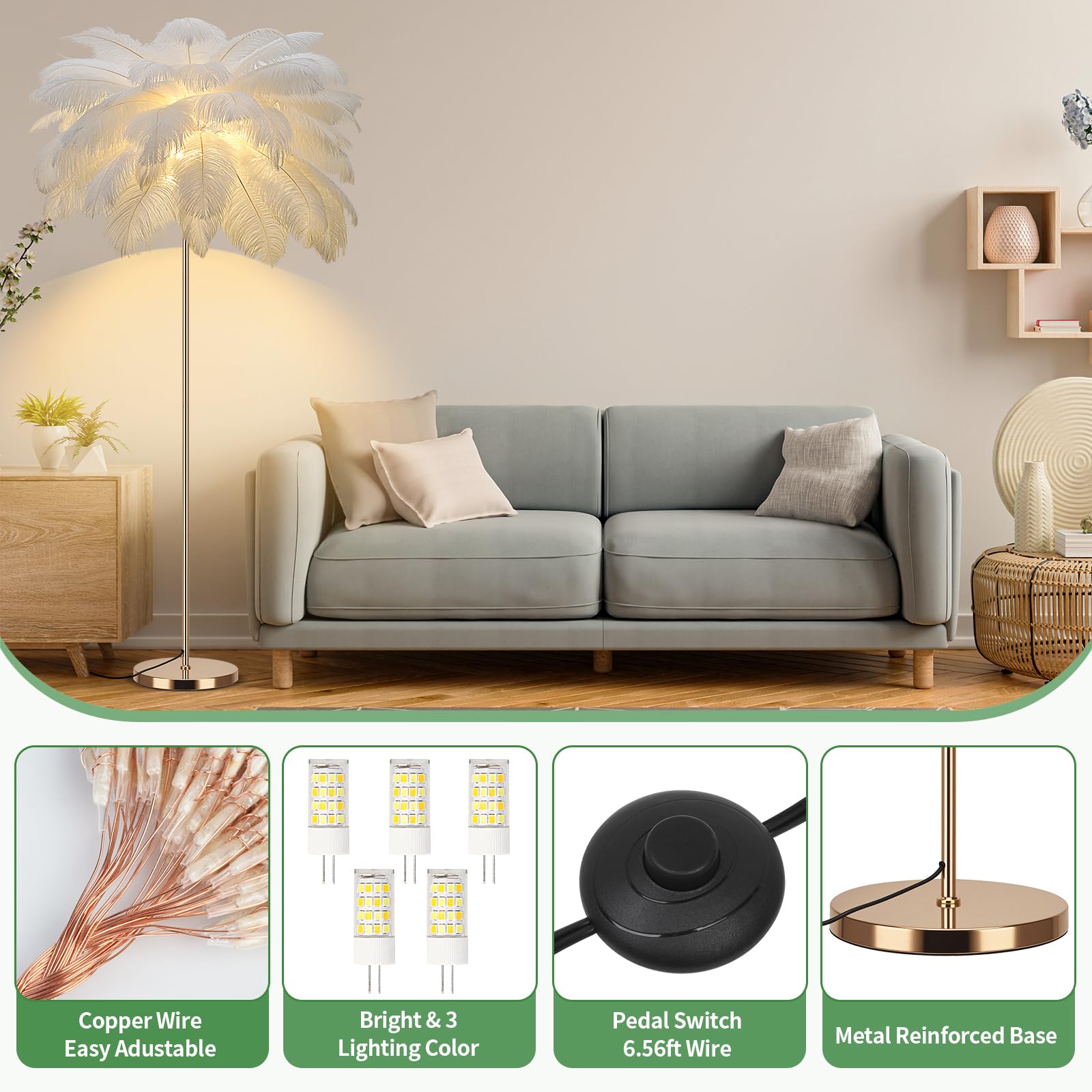Fivemengo Feather Floor Lamp - Rose Gold Arc Design, 3 Color Temperatures, Includes Bright LED Bulbs, Ideal for Living Room & Bedroom