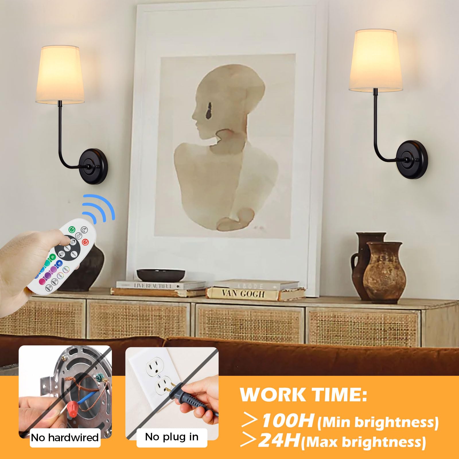 PASSICA DECOR Battery Operated Wall Sconces Set of Two, Rechargeable, Dimmable Bulbs, Remote Control, Black, Model U102-01-DP