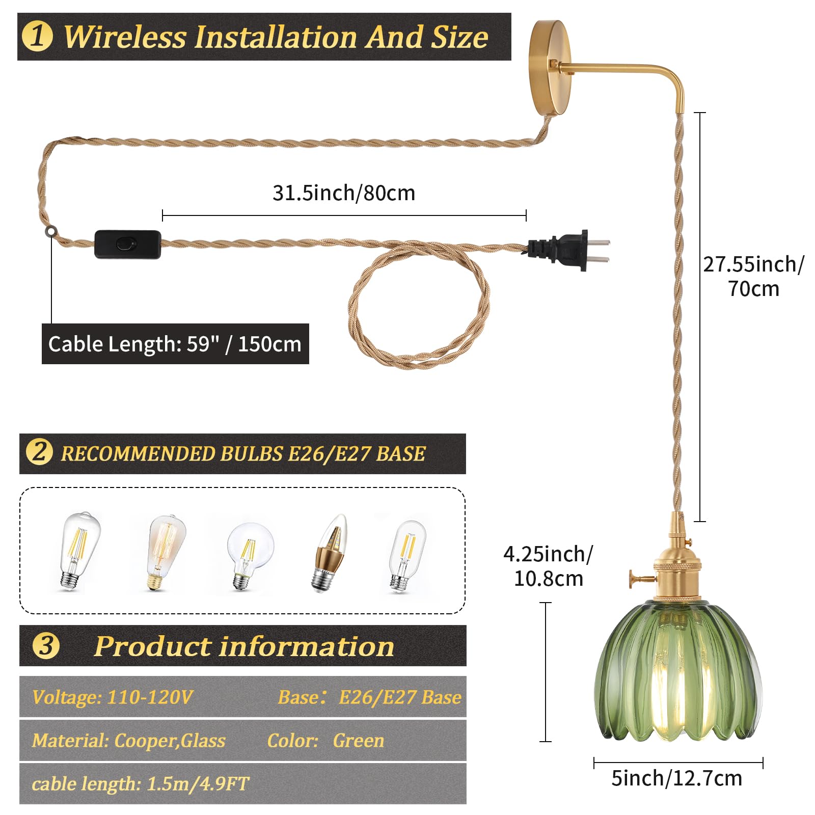 Shenmoyl Vintage Wall Sconce Lamp with Green Tulip Glass Shade, Plug-in, Brass, Model 1-9390